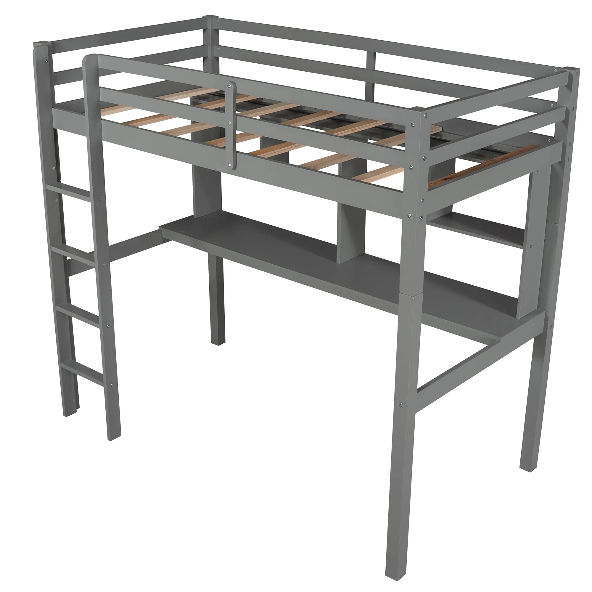 Gray Twin Loft Bed With Desk And Shelves By Homeroots - Image 6