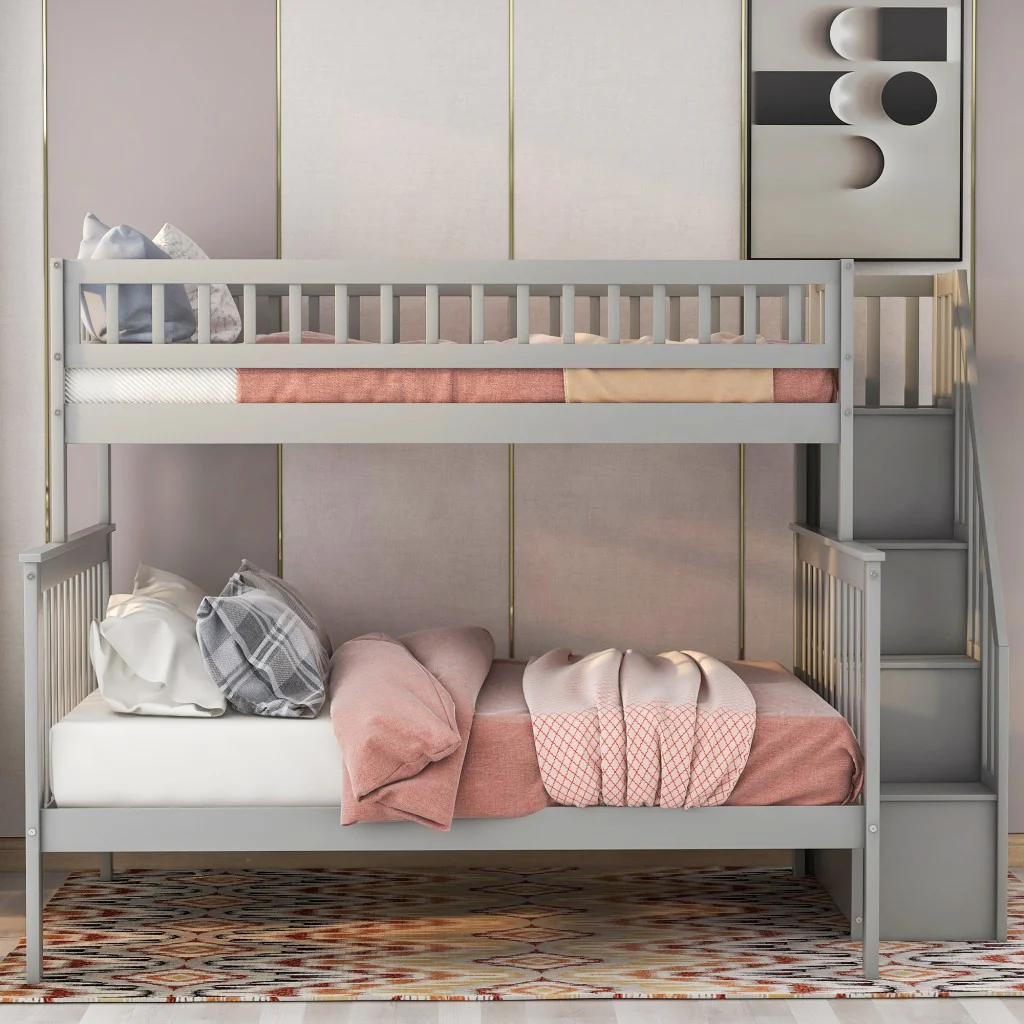Gray Twin Over Full Farmhouse Style Bunk Bed With Staircase By Homeroots - Image 2