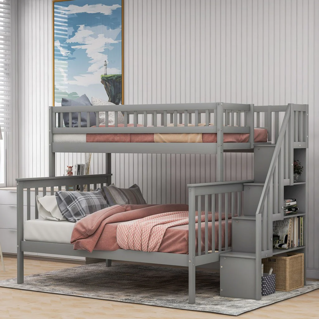 Gray Twin Over Full Farmhouse Style Bunk Bed With Staircase By Homeroots - Image 3