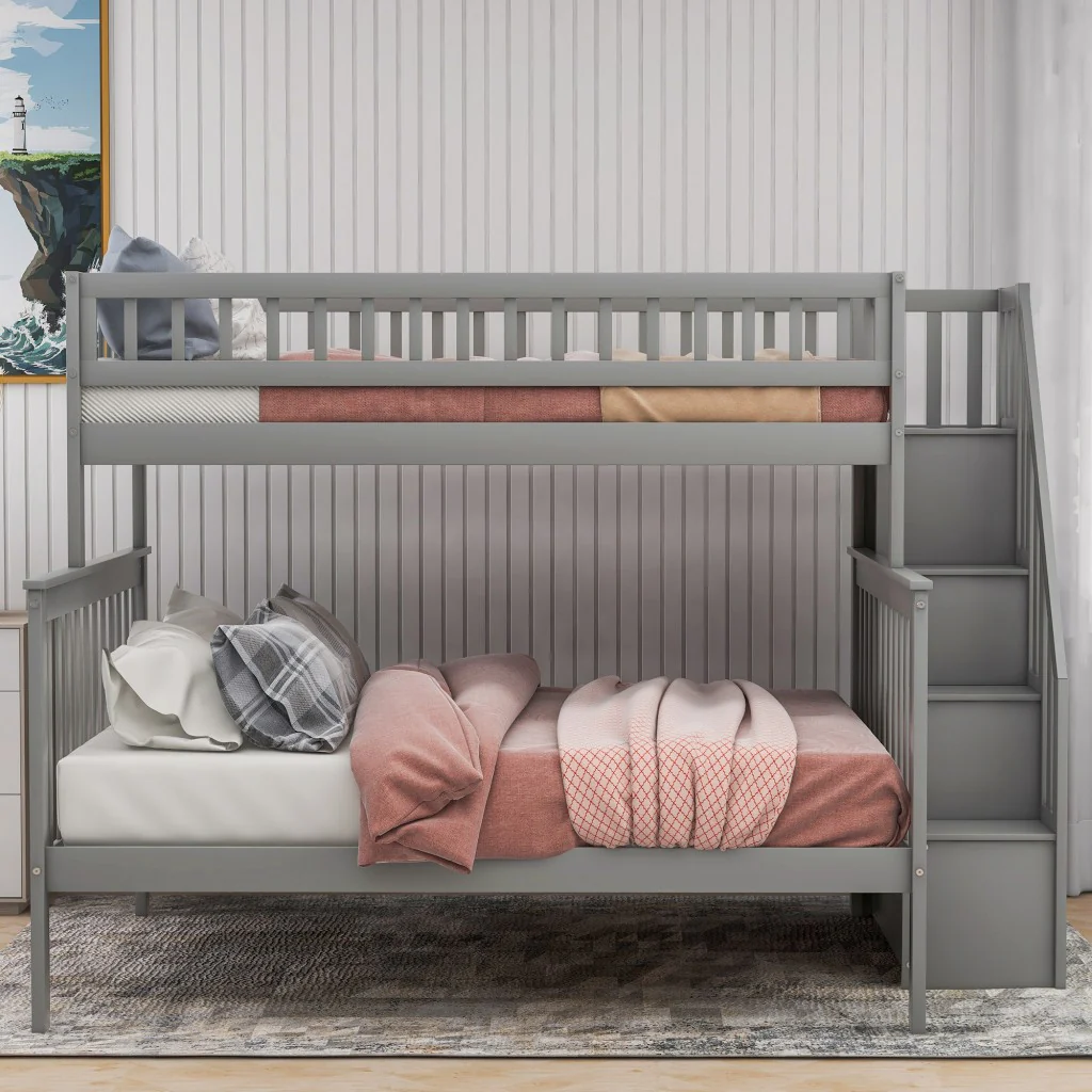 Gray Twin Over Full Farmhouse Style Bunk Bed With Staircase By Homeroots - Image 4