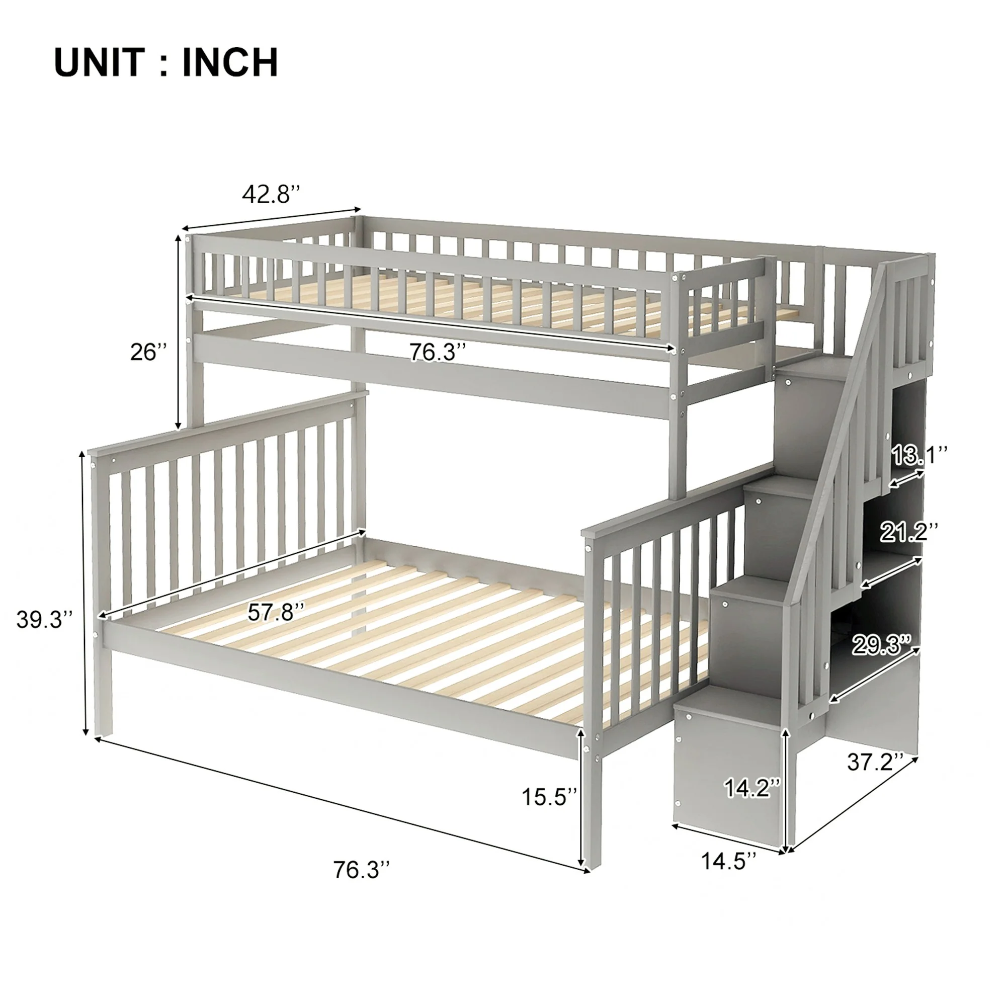 Gray Twin Over Full Farmhouse Style Bunk Bed With Staircase By Homeroots - Image 9