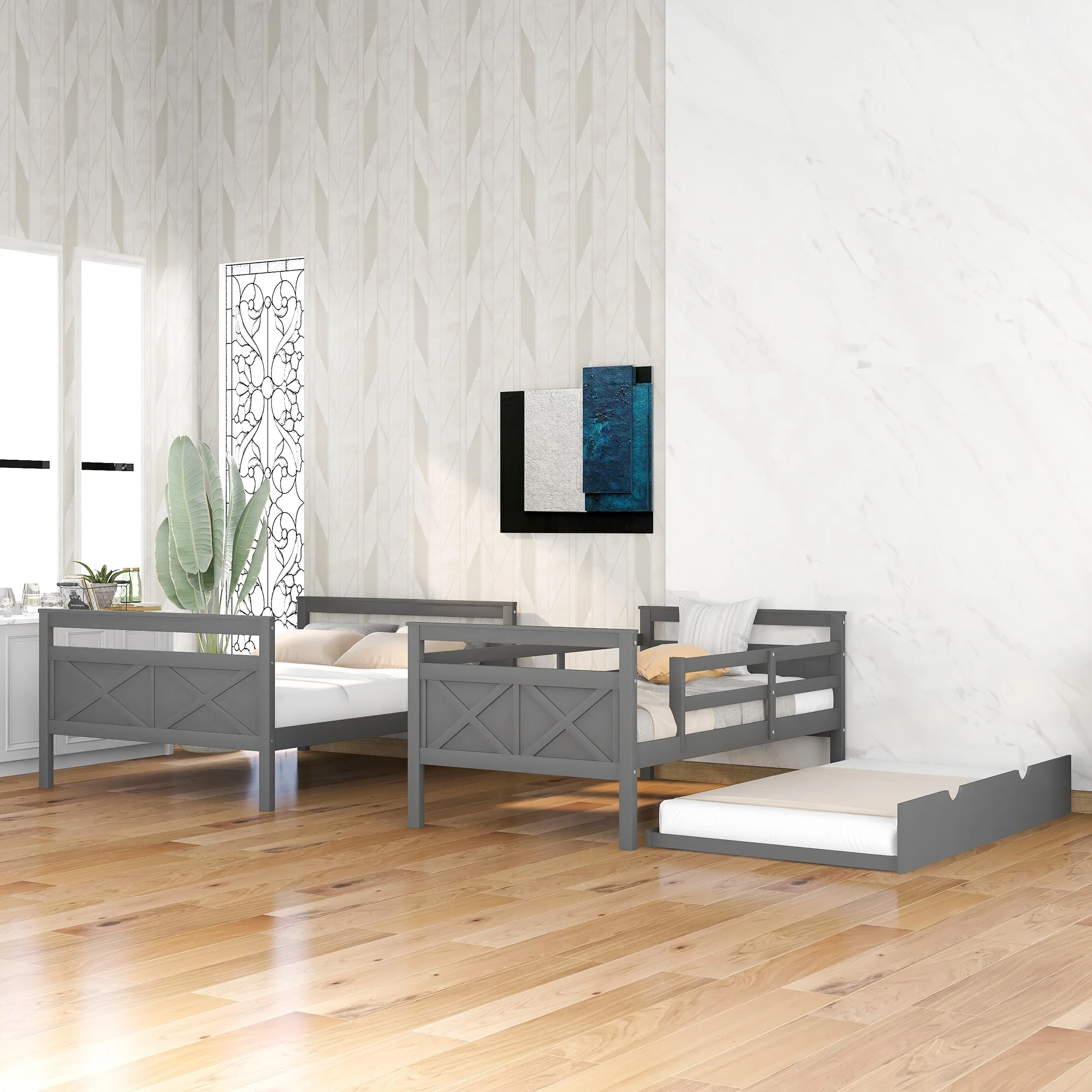 Gray Twin Over Full Size Bunk Bed With Trundle By Homeroots - Image 2