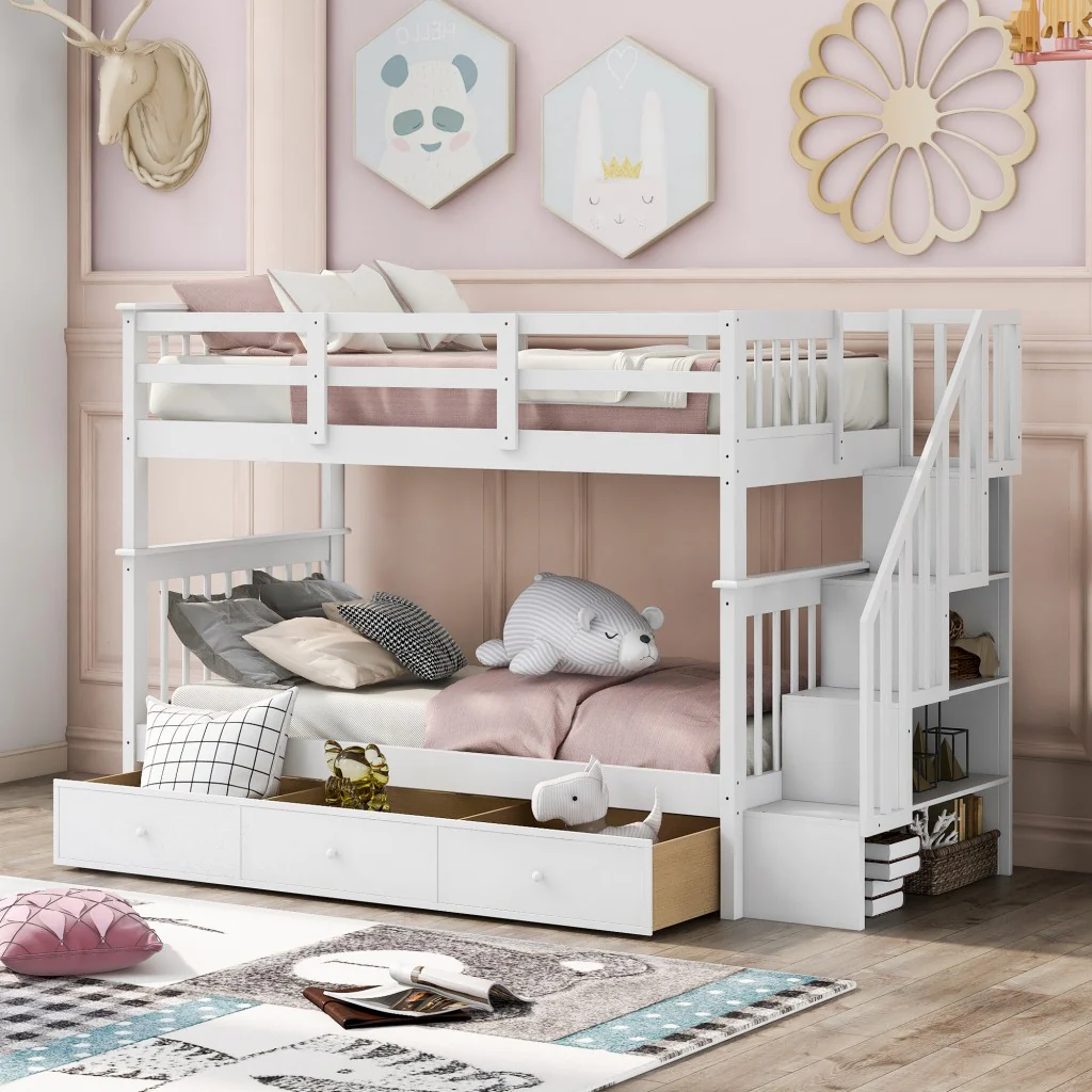 Gray Twin Over Twin Bunk Bed With Stairway And Drawers By Homeroots - Image 10