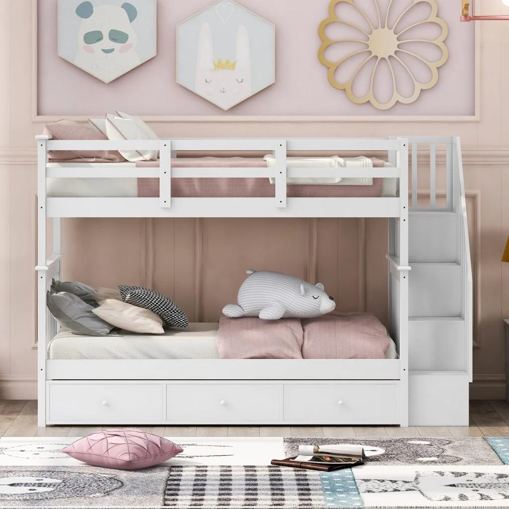 Gray Twin Over Twin Bunk Bed With Stairway And Drawers By Homeroots - Image 11