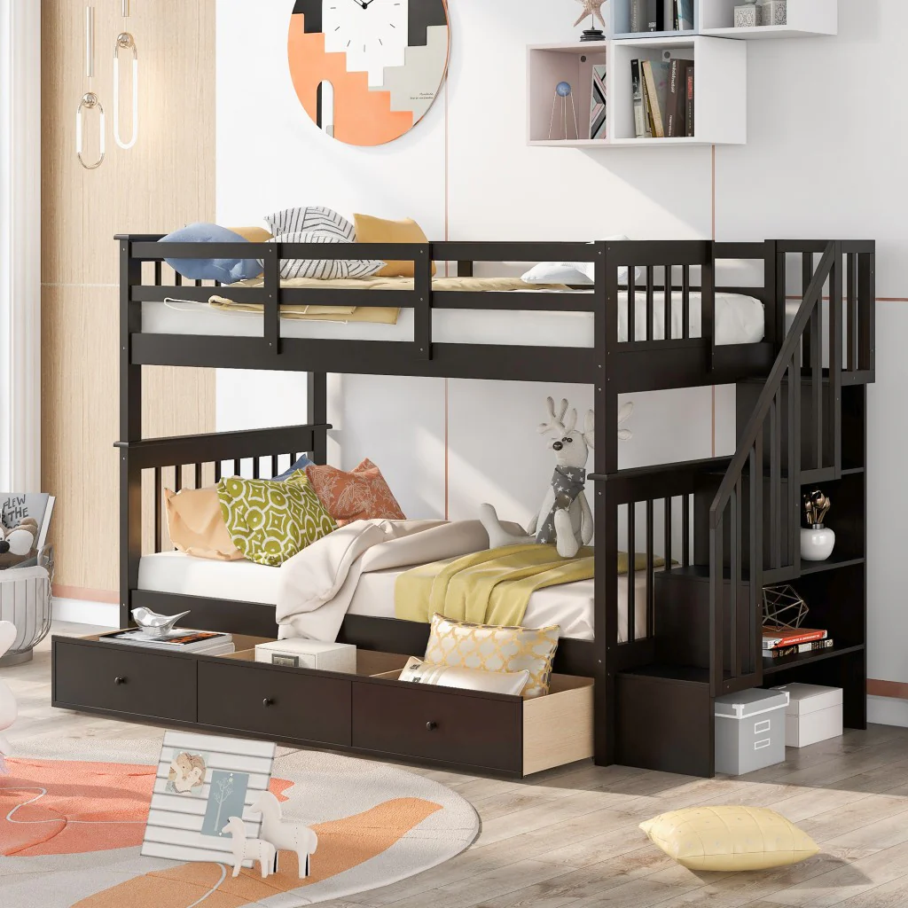 Gray Twin Over Twin Bunk Bed With Stairway And Drawers By Homeroots - Image 19