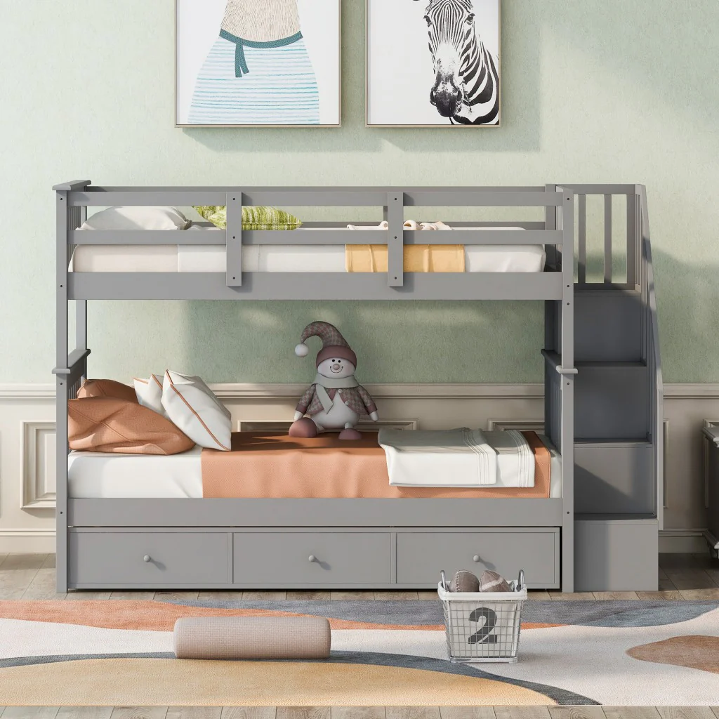 Gray Twin Over Twin Bunk Bed With Stairway And Drawers By Homeroots - Image 2