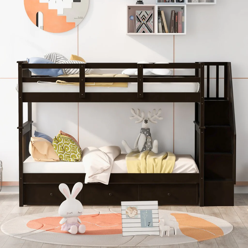 Gray Twin Over Twin Bunk Bed With Stairway And Drawers By Homeroots - Image 20