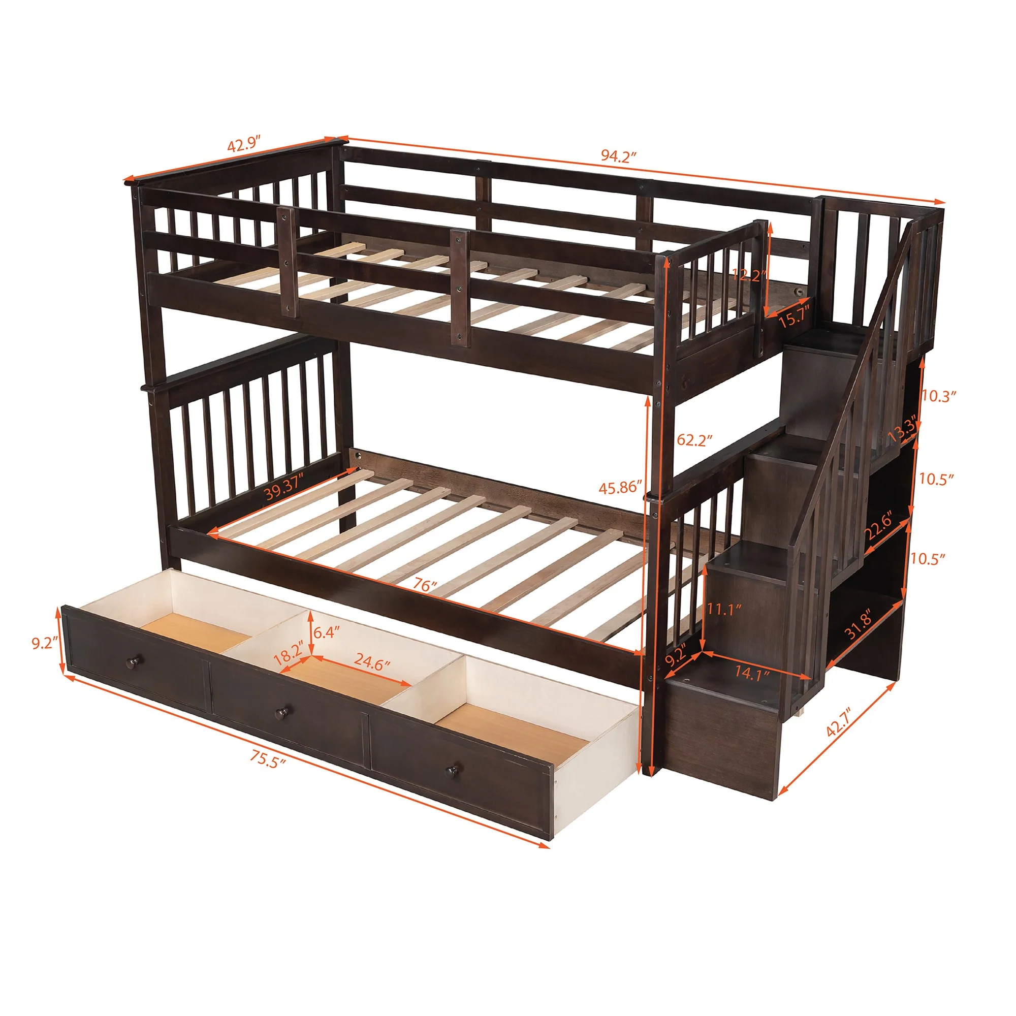 Gray Twin Over Twin Bunk Bed With Stairway And Drawers By Homeroots - Image 25