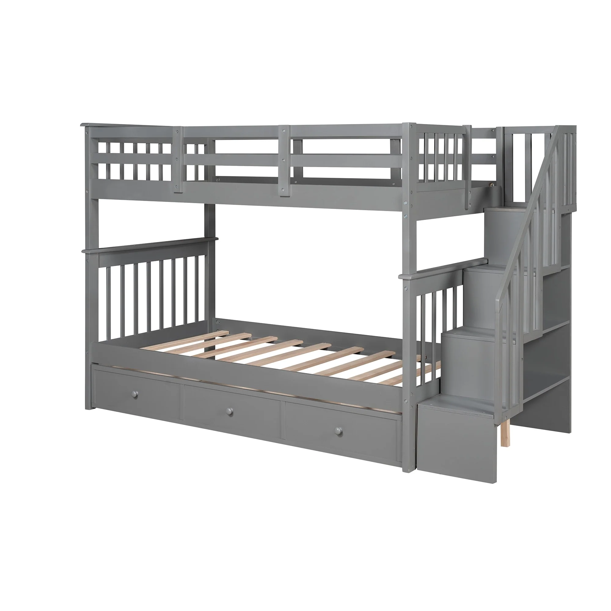 Gray Twin Over Twin Bunk Bed With Stairway And Drawers By Homeroots - Image 3