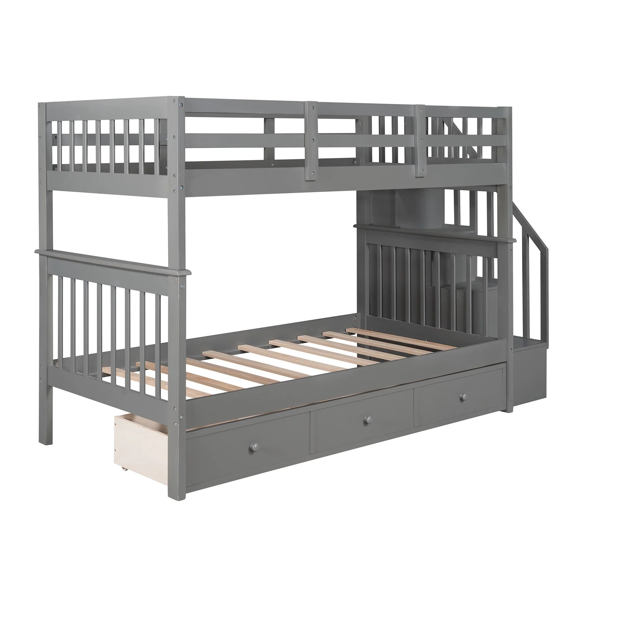 Gray Twin Over Twin Bunk Bed With Stairway And Drawers By Homeroots - Image 5