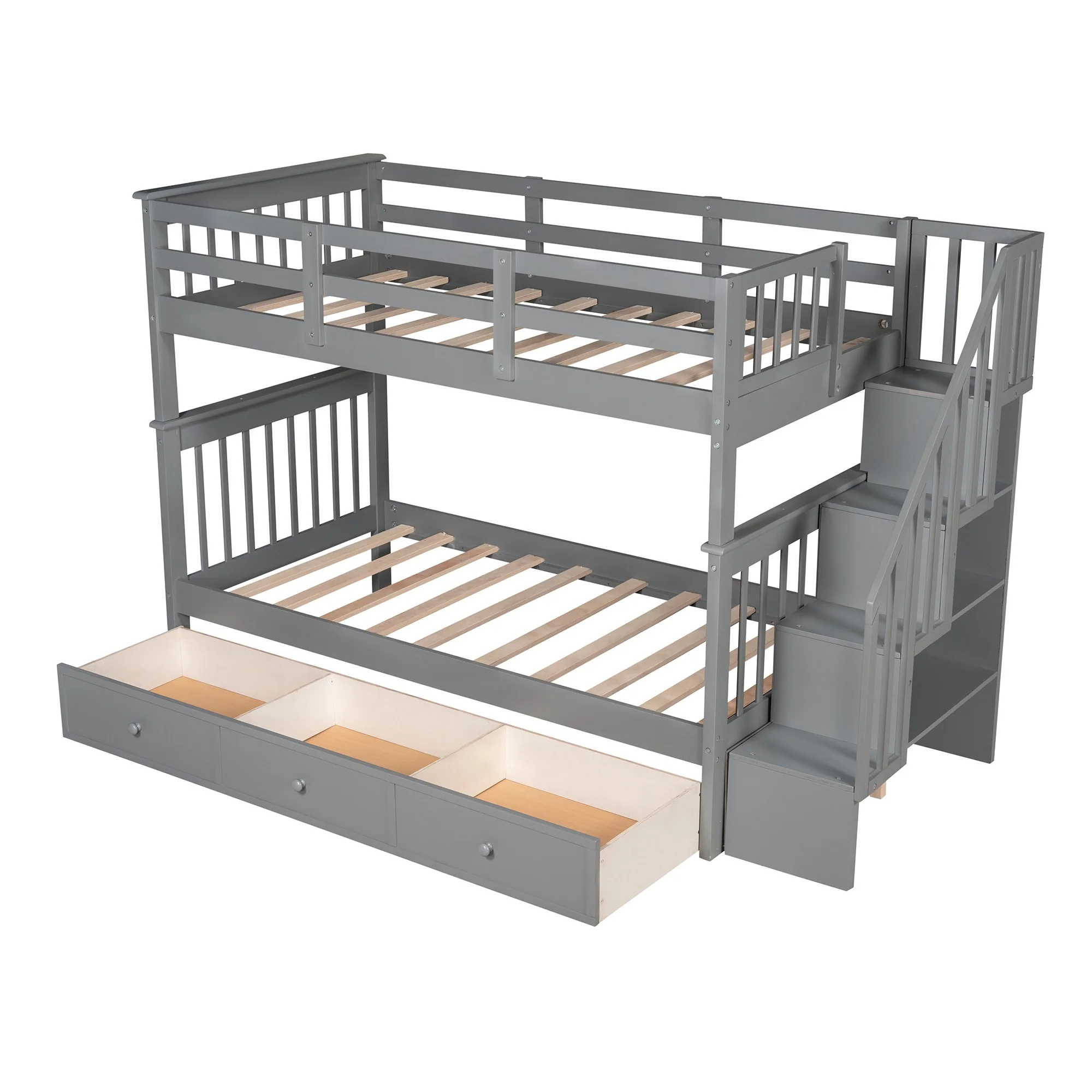 Gray Twin Over Twin Bunk Bed With Stairway And Drawers By Homeroots - Image 6