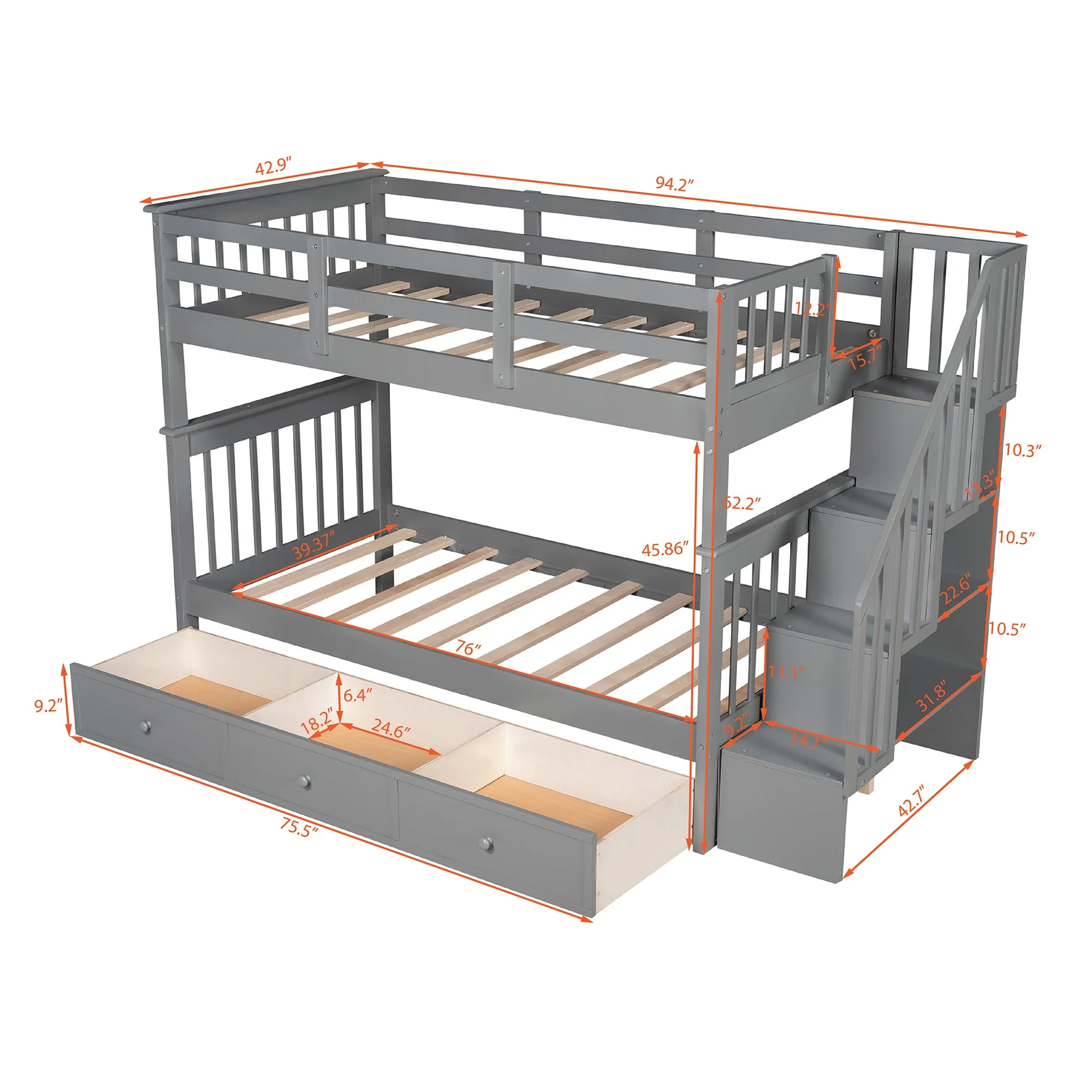 Gray Twin Over Twin Bunk Bed With Stairway And Drawers By Homeroots - Image 7