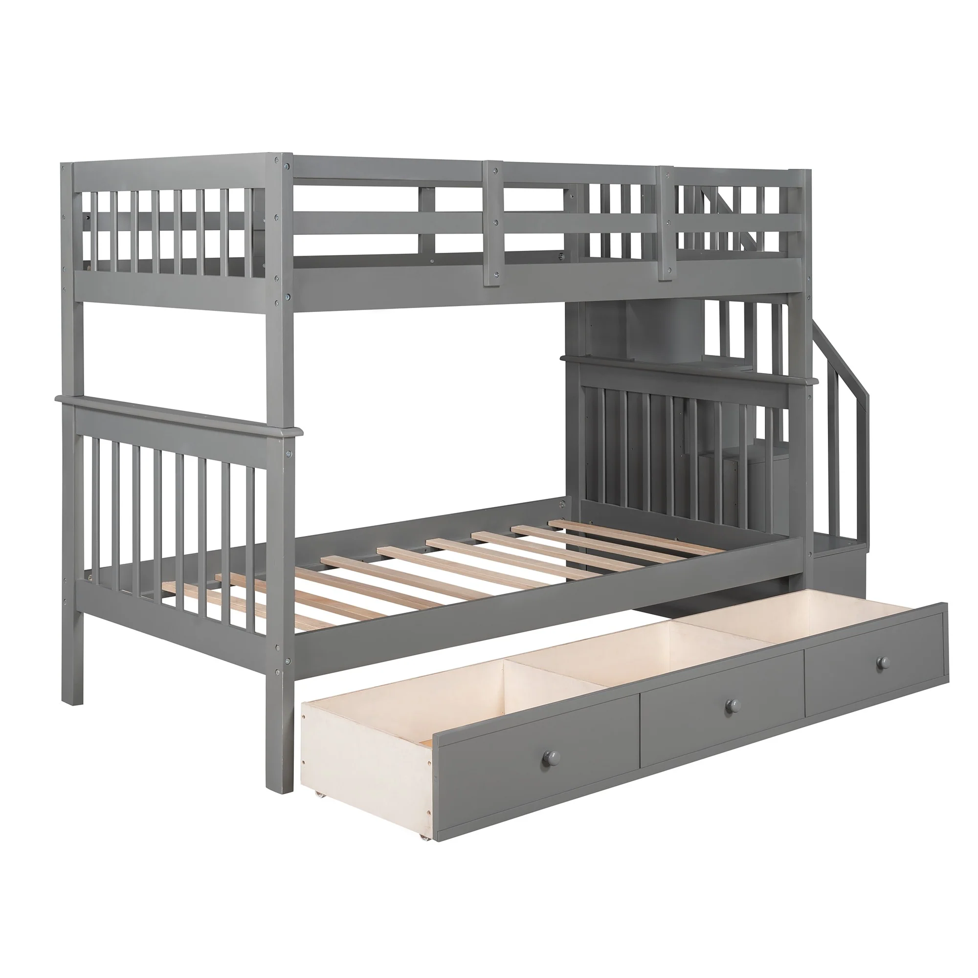 Gray Twin Over Twin Bunk Bed With Stairway And Drawers By Homeroots - Image 8