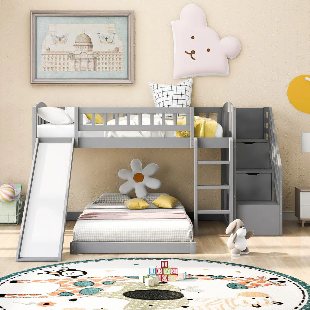 Gray Twin Over Twin Perpendicular Bunk Bed With Storage Stairs And Slide By Homeroots - Image 2