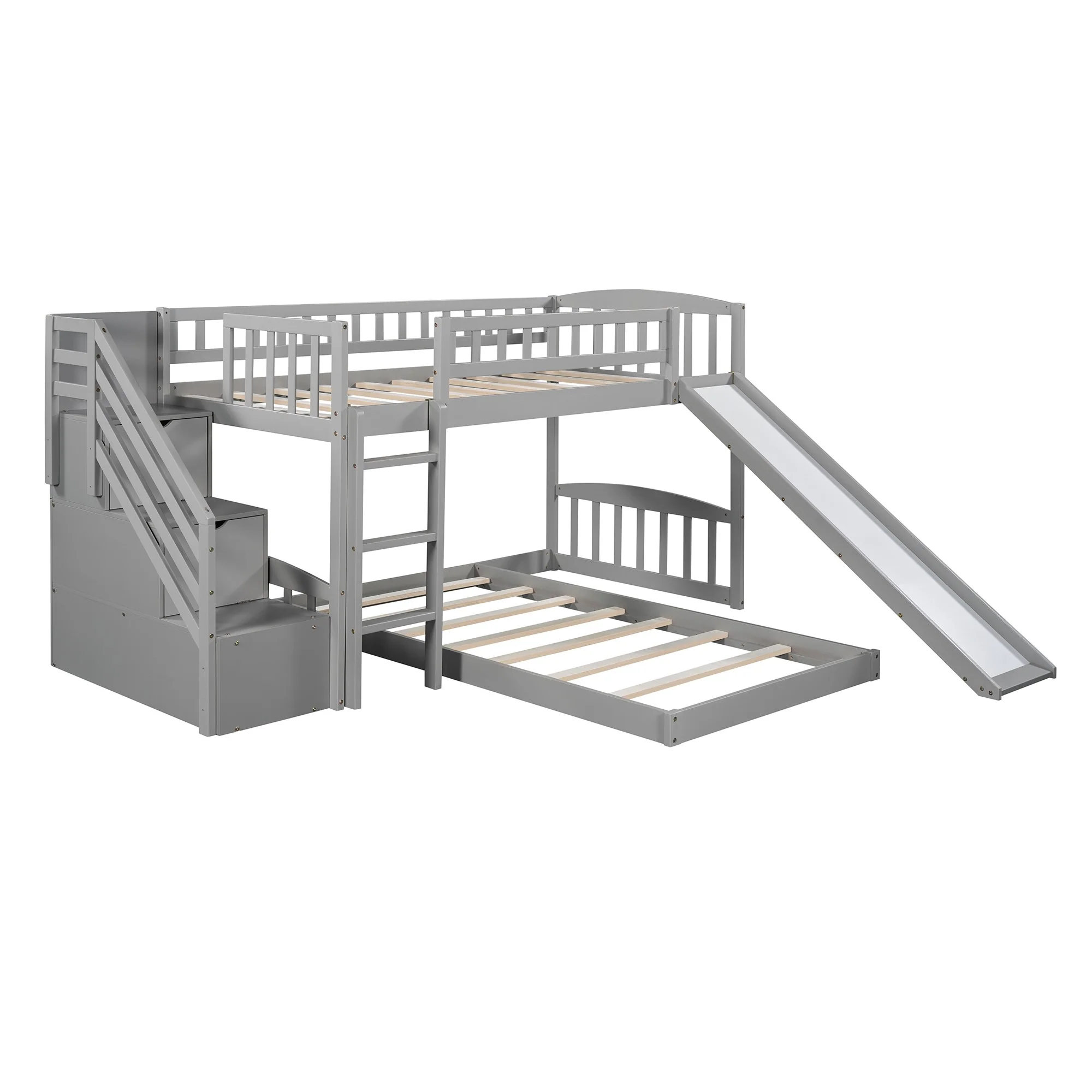 Gray Twin Over Twin Perpendicular Bunk Bed With Storage Stairs And Slide By Homeroots - Image 3