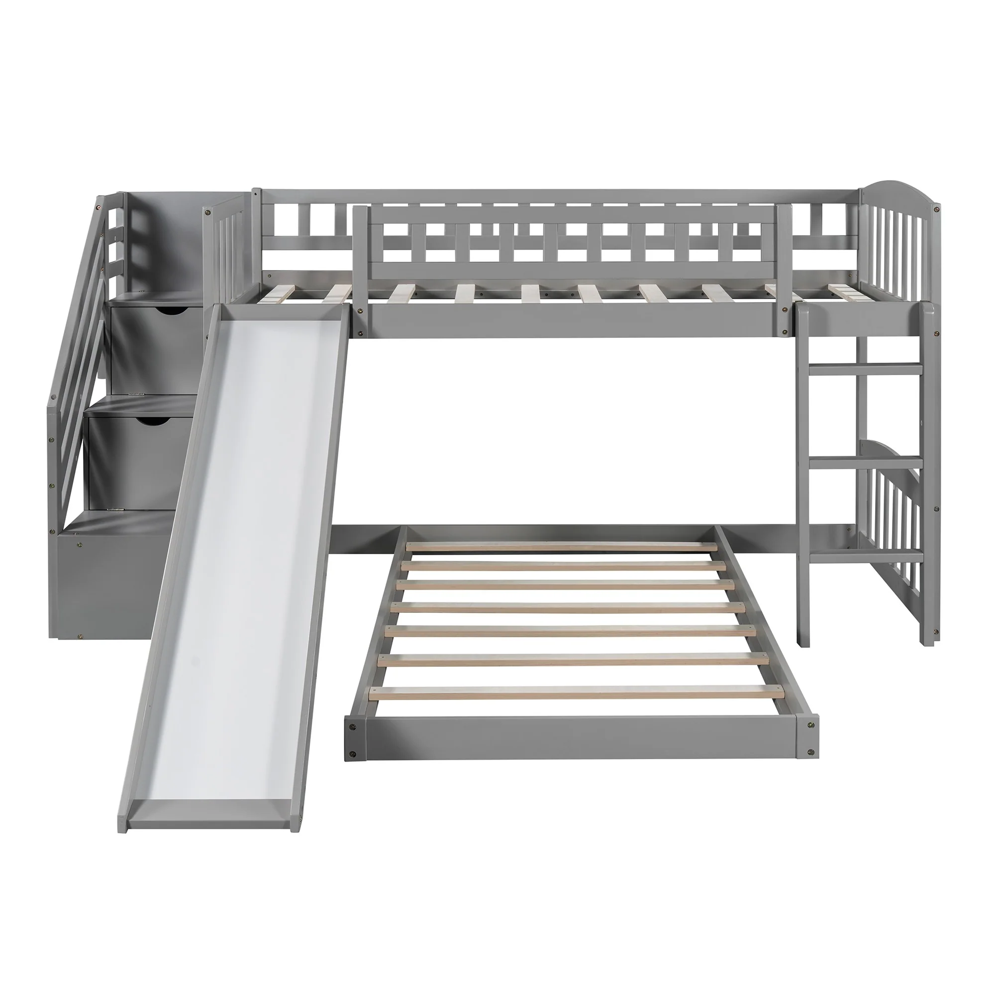 Gray Twin Over Twin Perpendicular Bunk Bed With Storage Stairs And Slide By Homeroots - Image 4