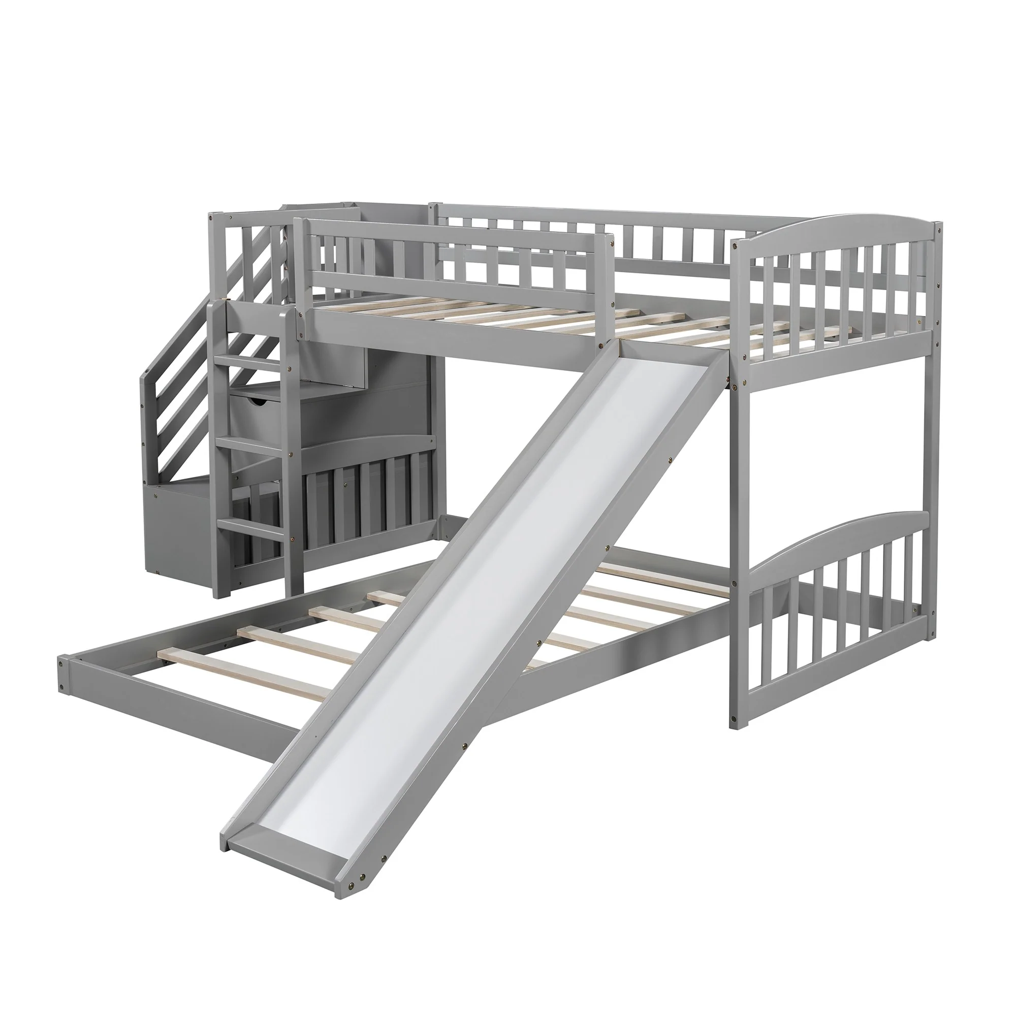 Gray Twin Over Twin Perpendicular Bunk Bed With Storage Stairs And Slide By Homeroots - Image 5