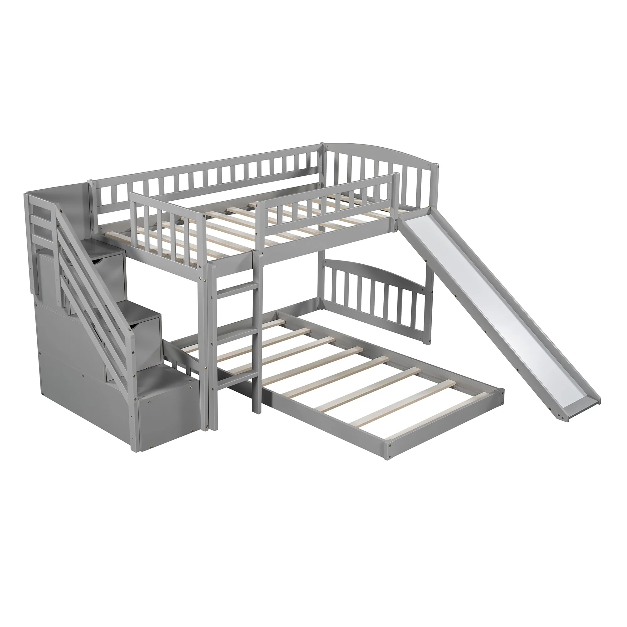 Gray Twin Over Twin Perpendicular Bunk Bed With Storage Stairs And Slide By Homeroots - Image 6