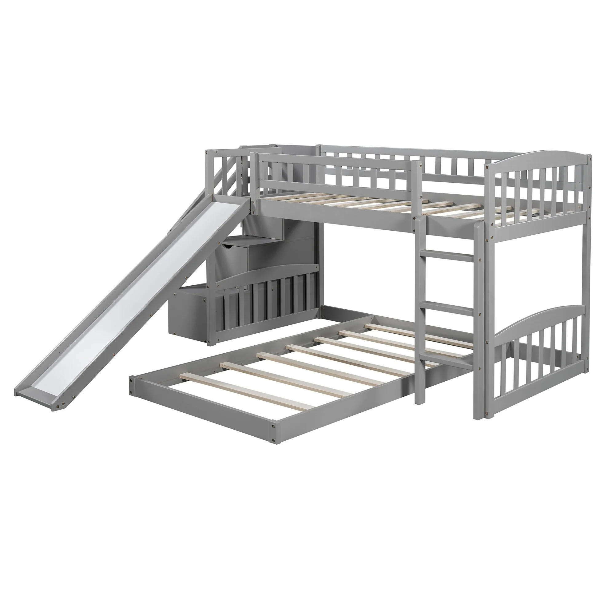 Gray Twin Over Twin Perpendicular Bunk Bed With Storage Stairs And Slide By Homeroots - Image 8