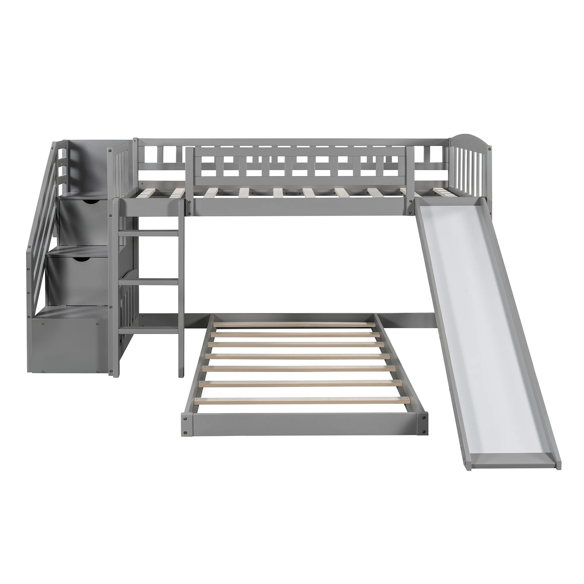 Gray Twin Over Twin Perpendicular Bunk Bed With Storage Stairs And Slide By Homeroots - Image 9