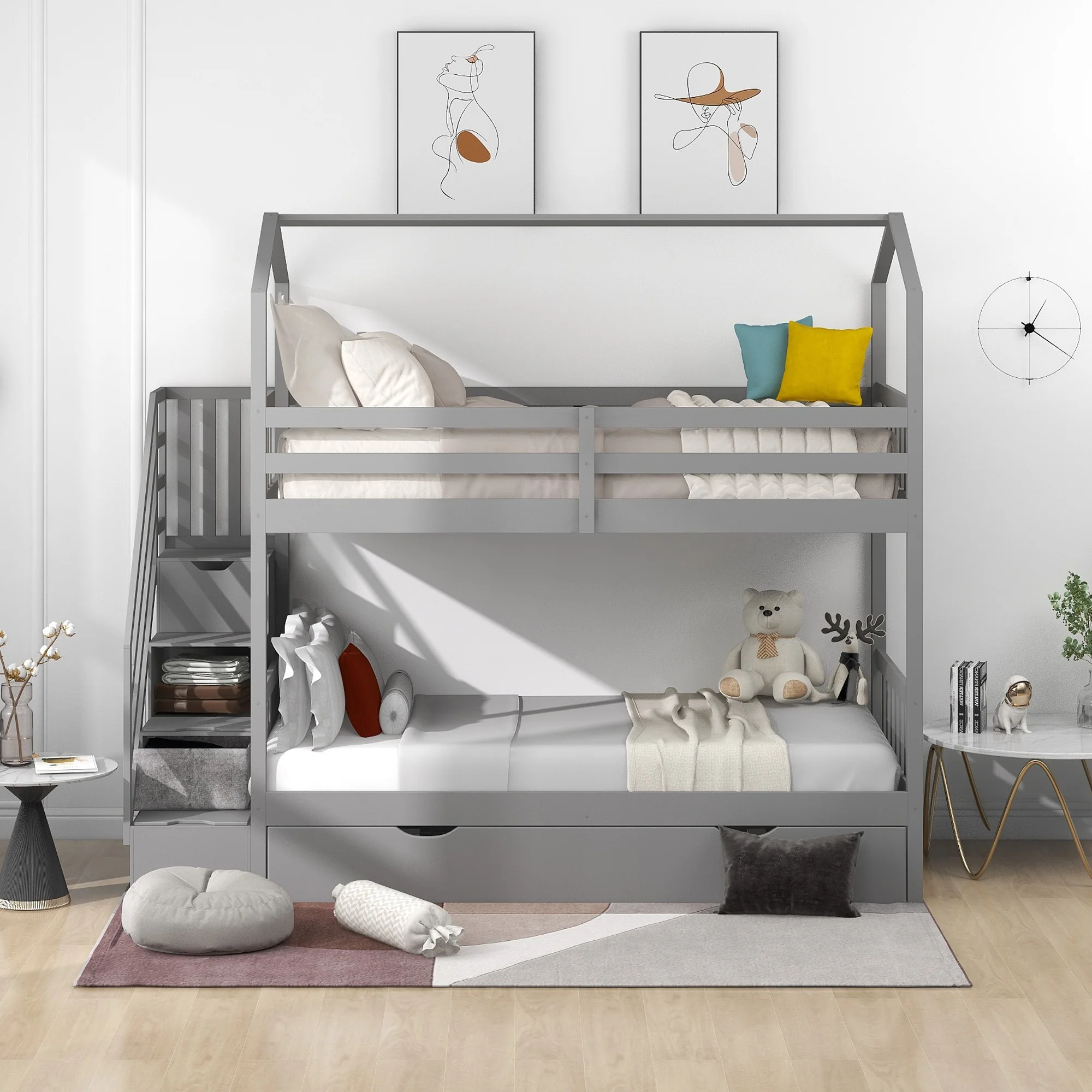 Gray Twin Over Twin Playhouse Bunk Bed With Trundle And Staircase By Homeroots - Image 2