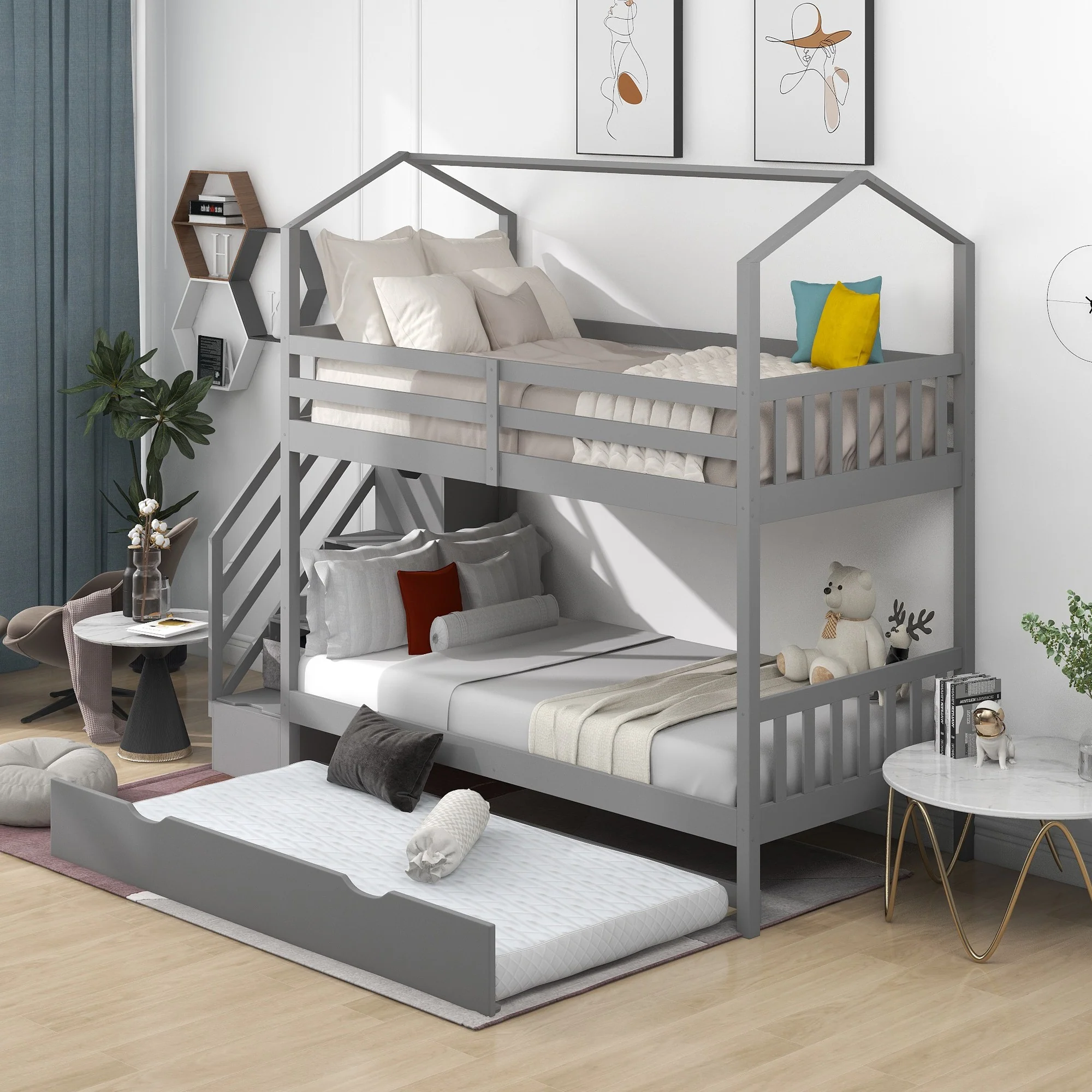Gray Twin Over Twin Playhouse Bunk Bed With Trundle And Staircase By Homeroots - Image 3