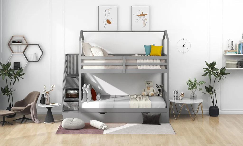 Gray Twin Over Twin Playhouse Bunk Bed With Trundle And Staircase By Homeroots - Image 4