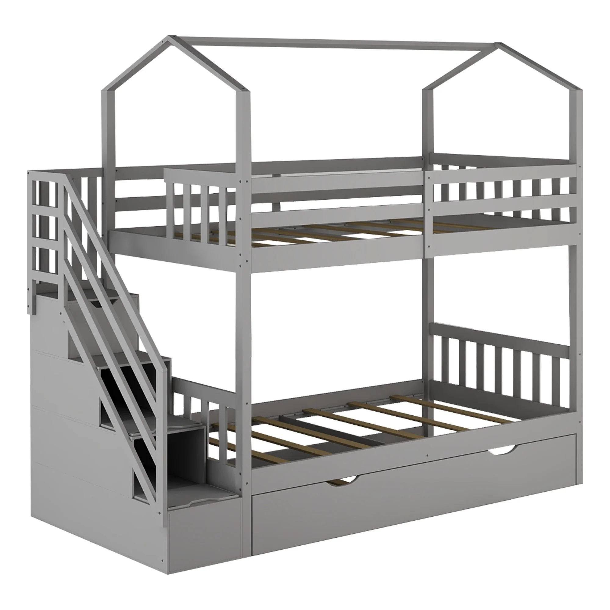 Gray Twin Over Twin Playhouse Bunk Bed With Trundle And Staircase By Homeroots - Image 5