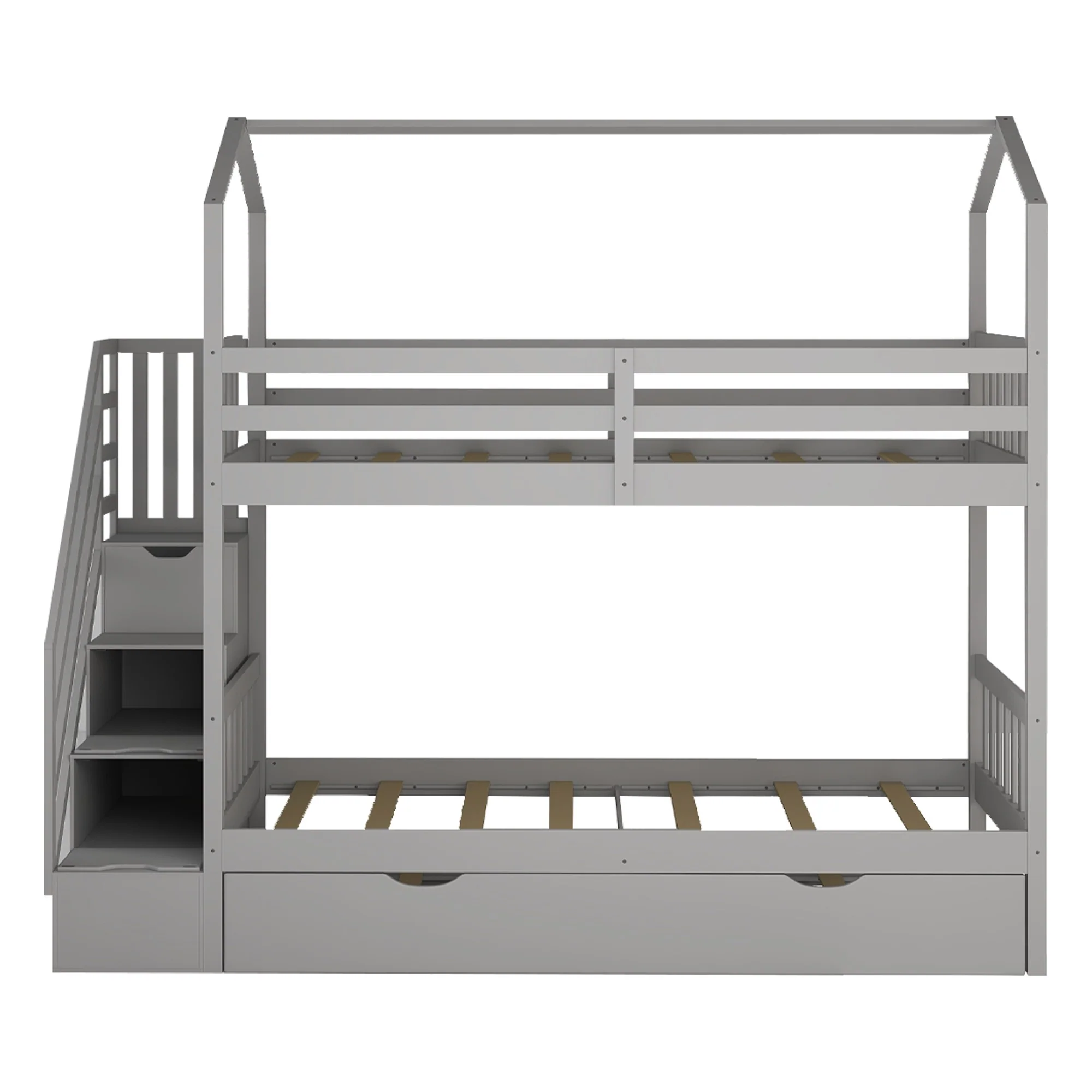 Gray Twin Over Twin Playhouse Bunk Bed With Trundle And Staircase By Homeroots - Image 6