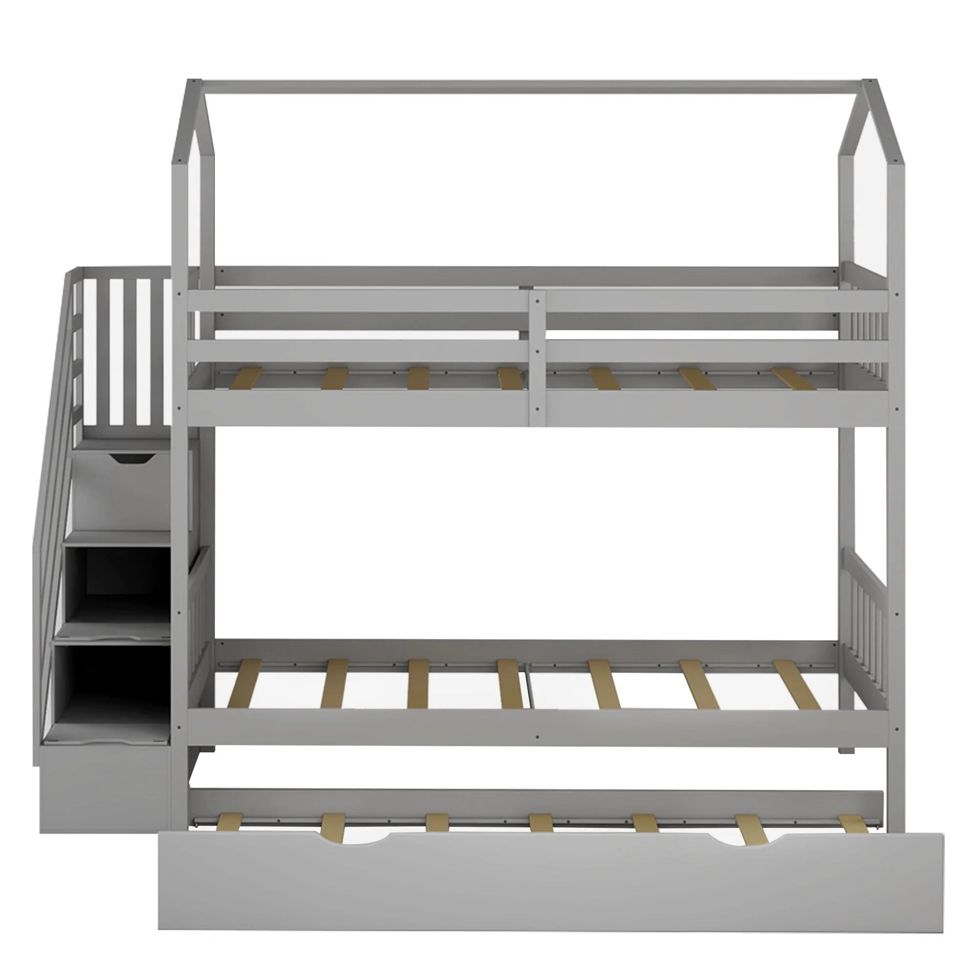 Gray Twin Over Twin Playhouse Bunk Bed With Trundle And Staircase By Homeroots - Image 7