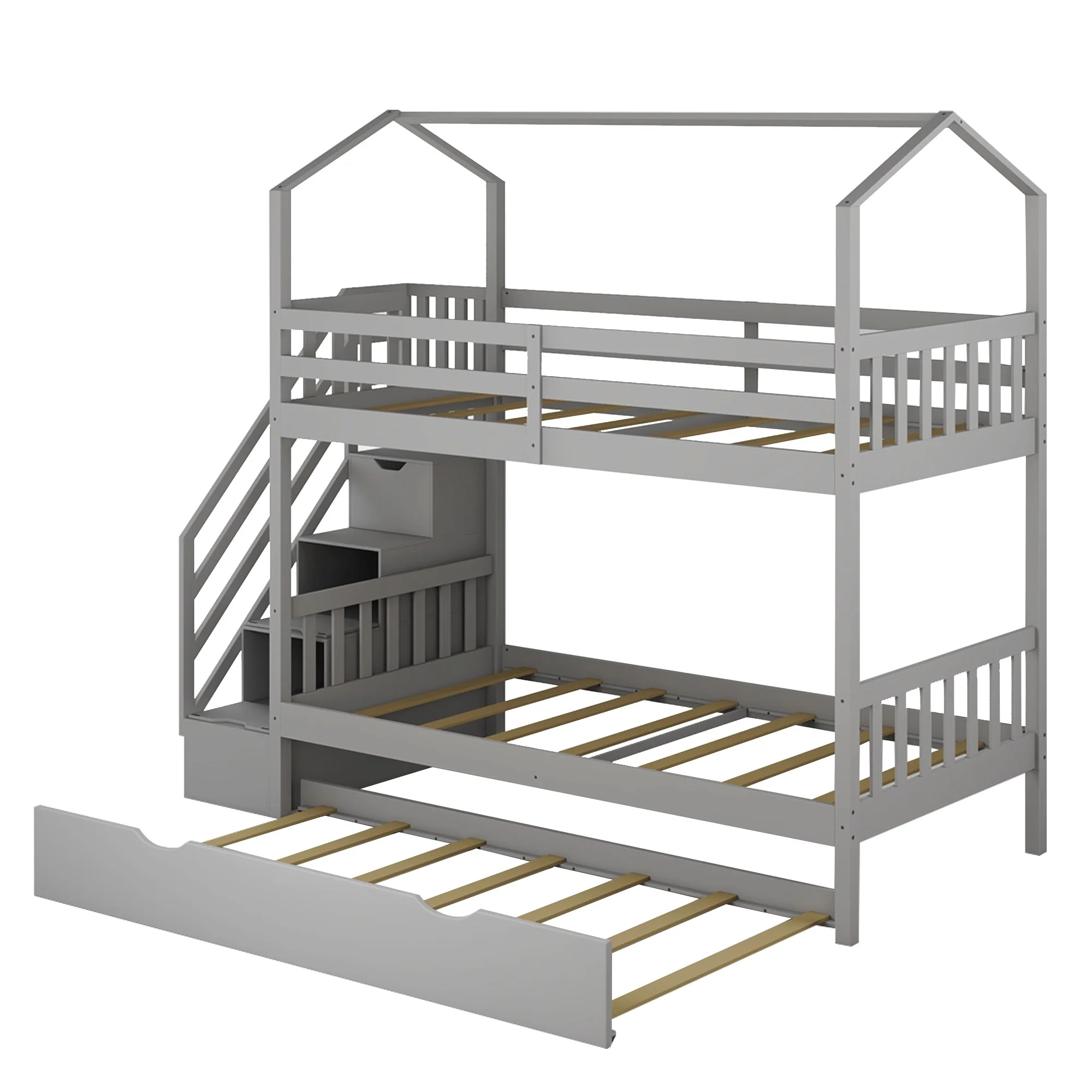 Gray Twin Over Twin Playhouse Bunk Bed With Trundle And Staircase By Homeroots - Image 8