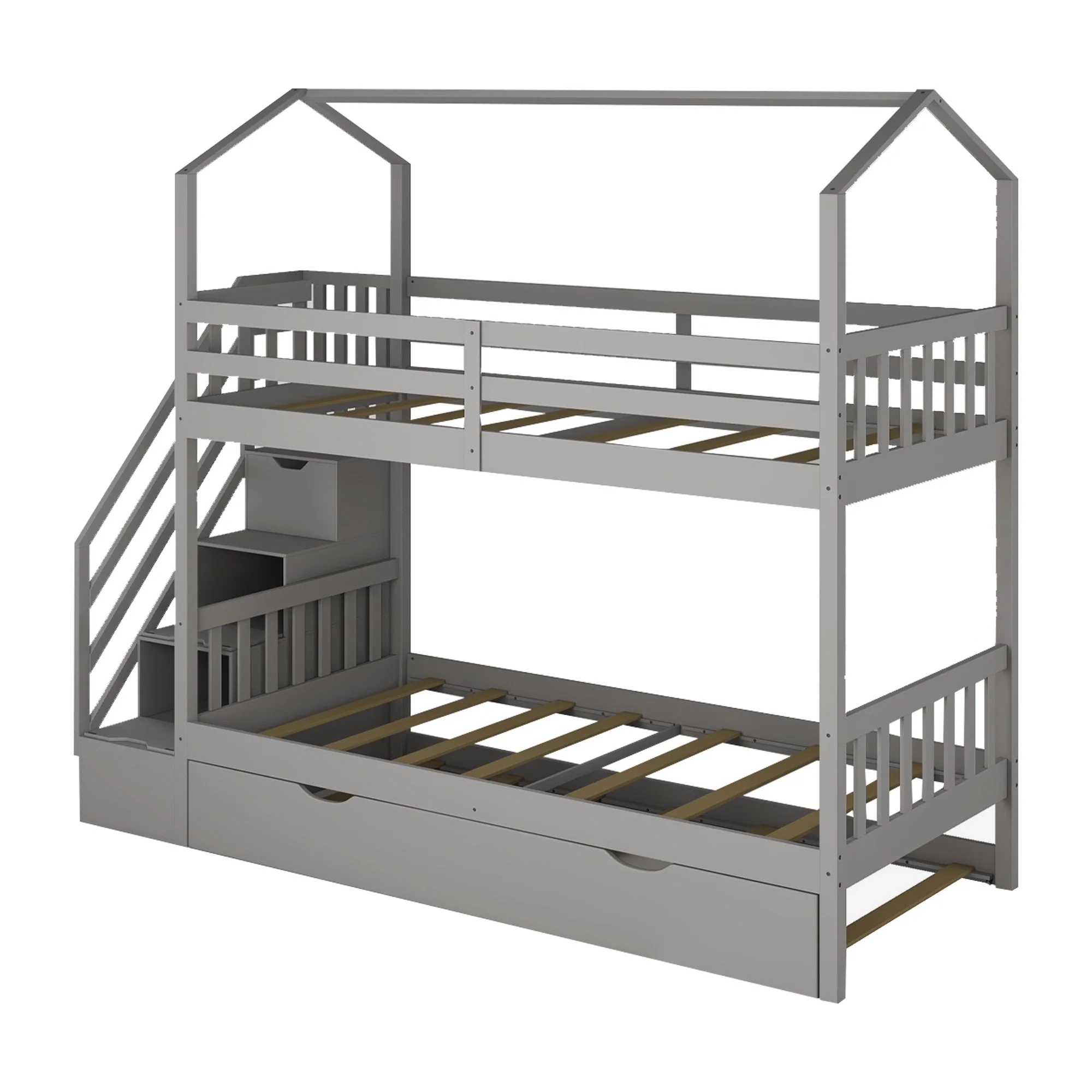 Gray Twin Over Twin Playhouse Bunk Bed With Trundle And Staircase By Homeroots - Image 9