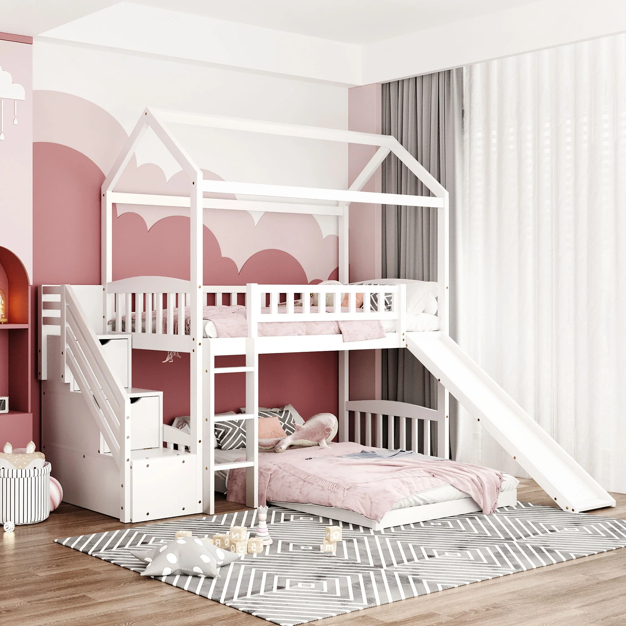 Gray Twin Over Twin Playhouse Perpendicular Bunk Bed With Slide By Homeroots - Image 10