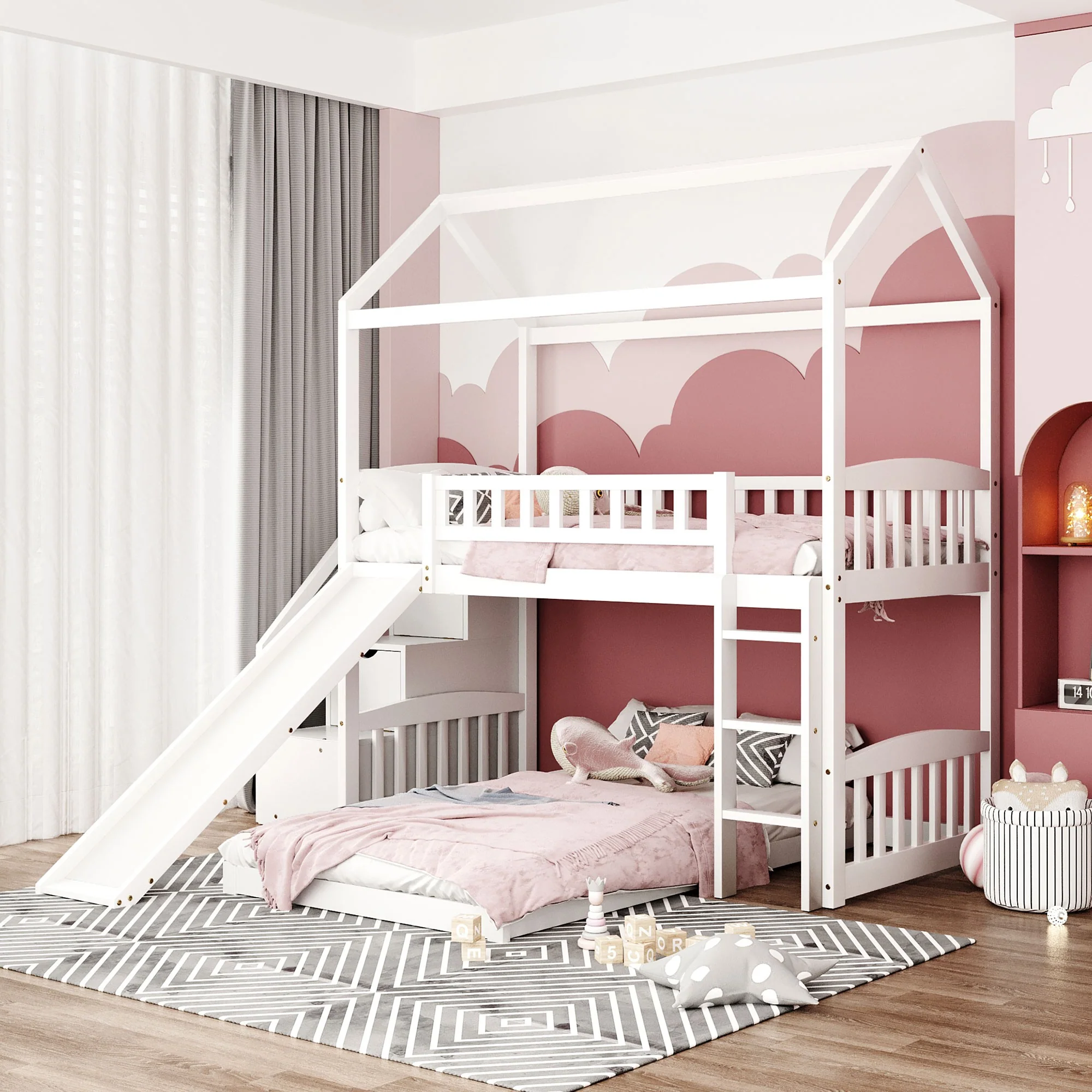 Gray Twin Over Twin Playhouse Perpendicular Bunk Bed With Slide By Homeroots - Image 11
