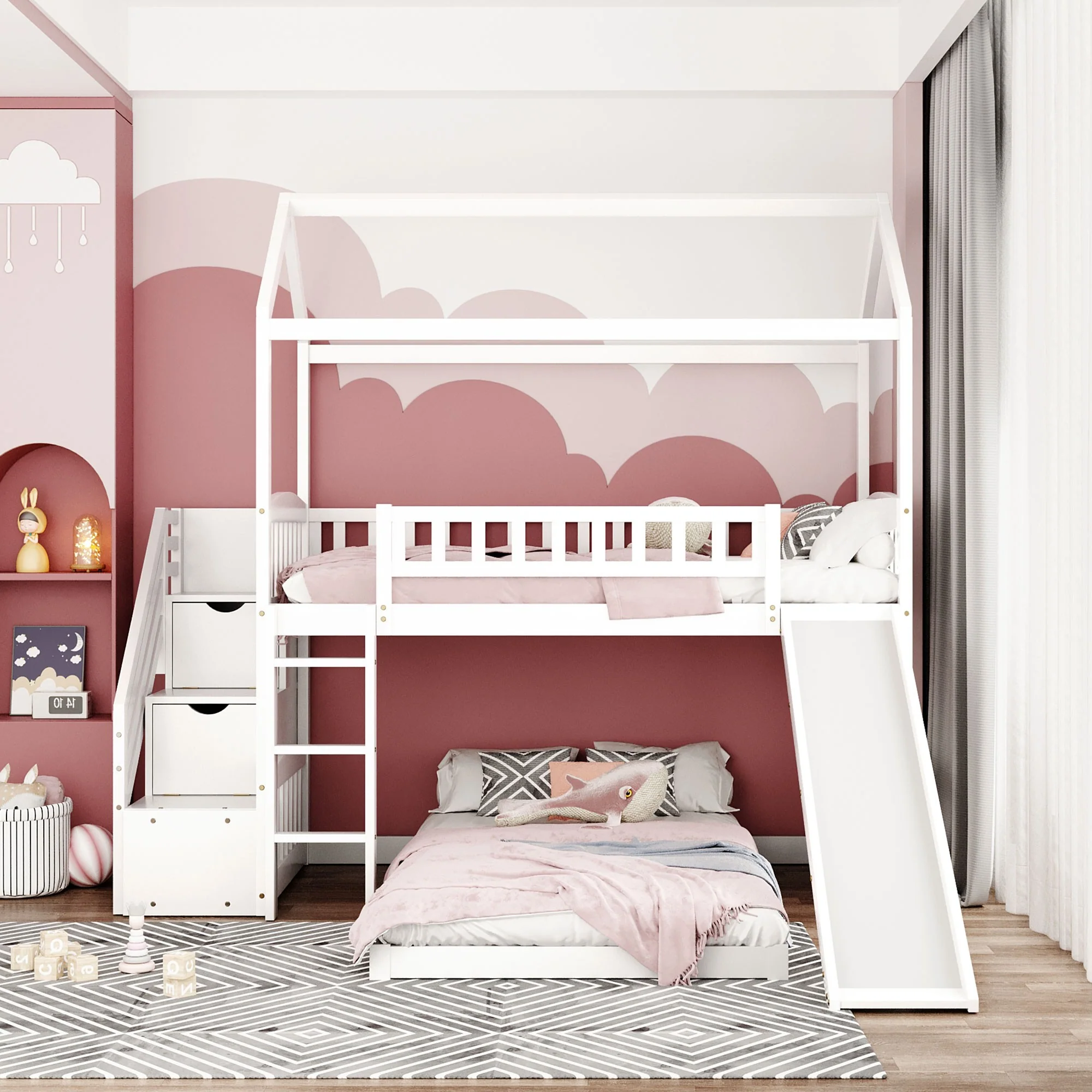 Gray Twin Over Twin Playhouse Perpendicular Bunk Bed With Slide By Homeroots - Image 12
