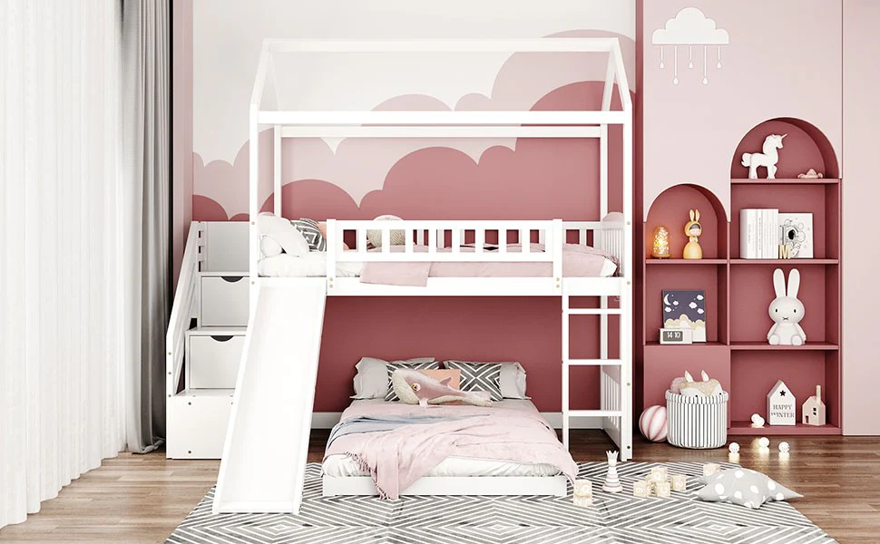 Gray Twin Over Twin Playhouse Perpendicular Bunk Bed With Slide By Homeroots - Image 13