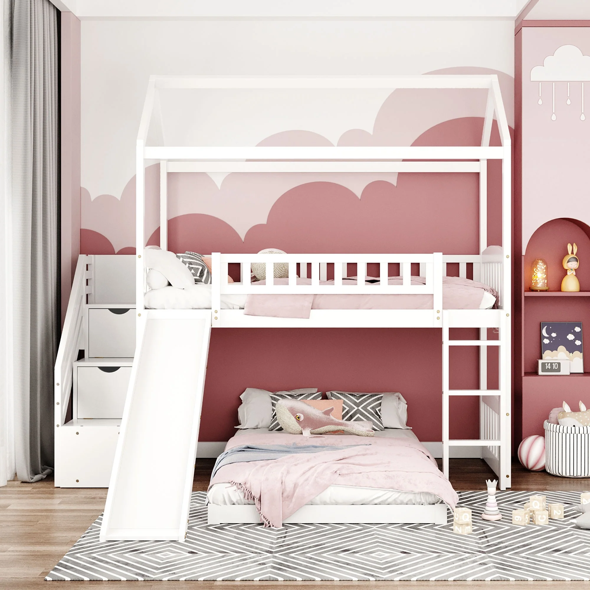 Gray Twin Over Twin Playhouse Perpendicular Bunk Bed With Slide By Homeroots - Image 14
