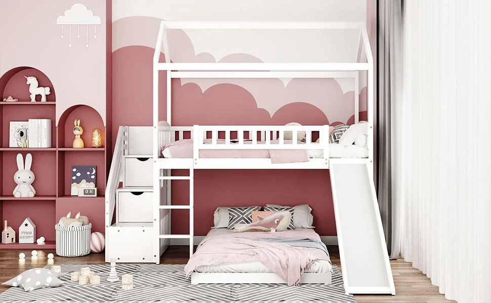 Gray Twin Over Twin Playhouse Perpendicular Bunk Bed With Slide By Homeroots - Image 15
