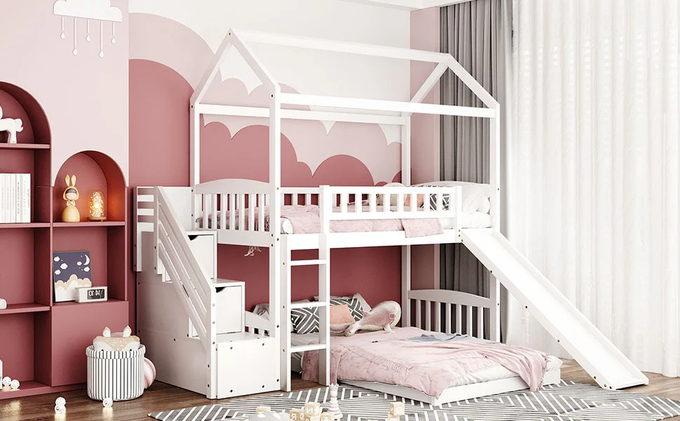 Gray Twin Over Twin Playhouse Perpendicular Bunk Bed With Slide By Homeroots - Image 16