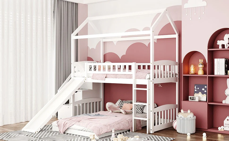 Gray Twin Over Twin Playhouse Perpendicular Bunk Bed With Slide By Homeroots - Image 17