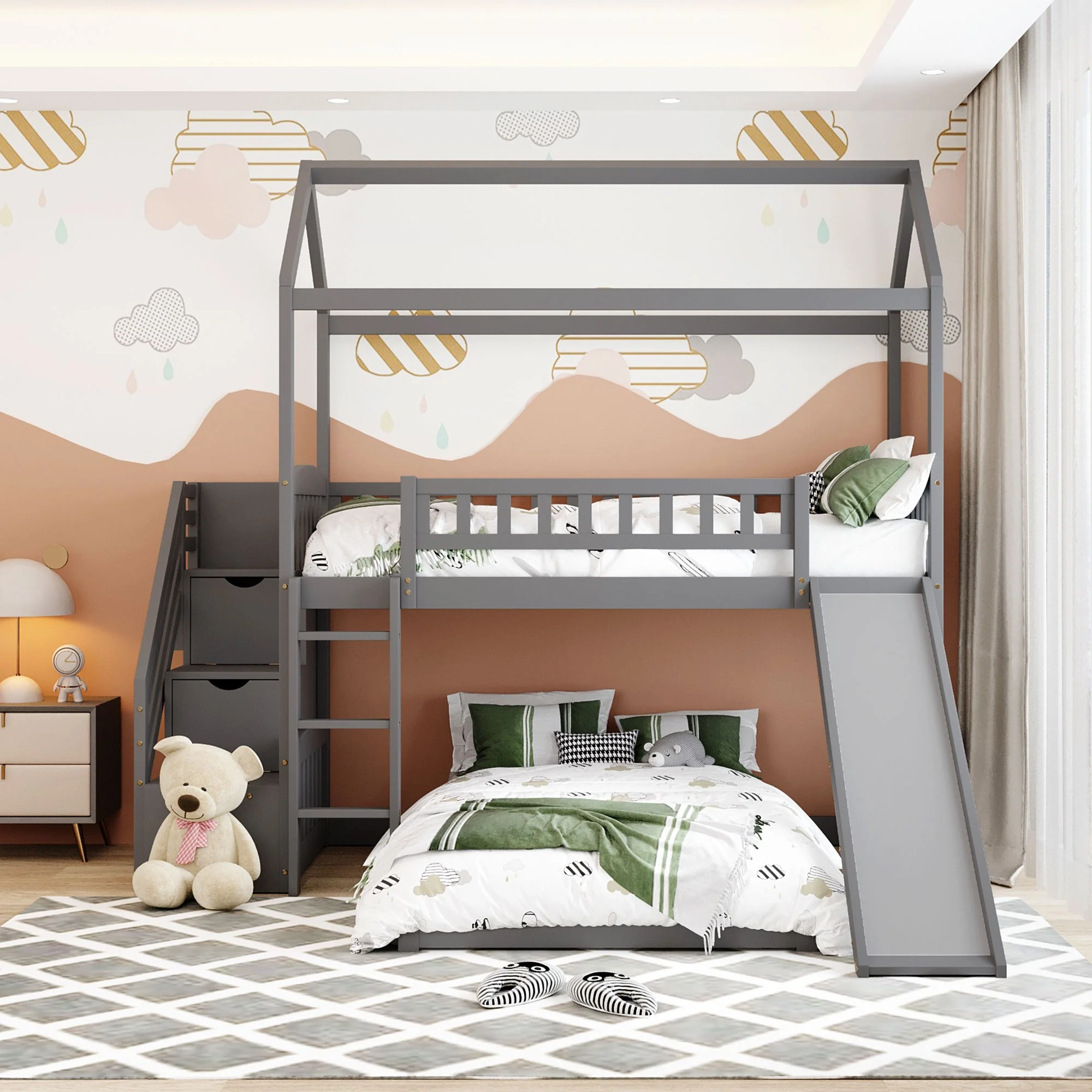 Gray Twin Over Twin Playhouse Perpendicular Bunk Bed With Slide By Homeroots - Image 2