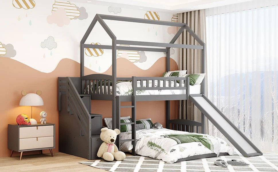 Gray Twin Over Twin Playhouse Perpendicular Bunk Bed With Slide By Homeroots - Image 3
