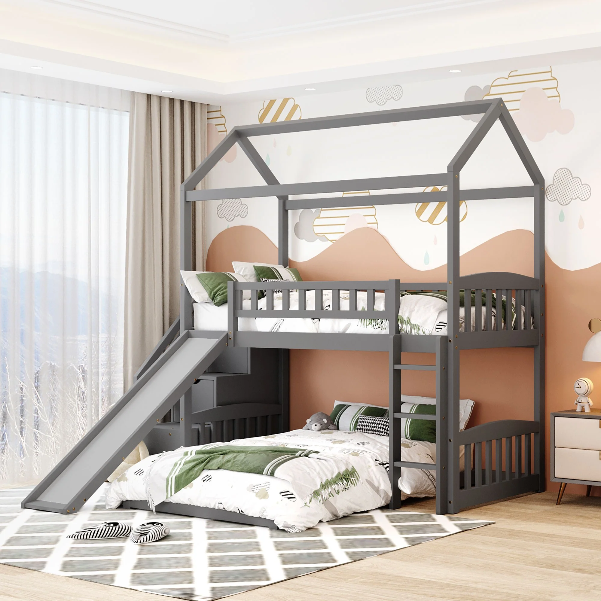 Gray Twin Over Twin Playhouse Perpendicular Bunk Bed With Slide By Homeroots - Image 4
