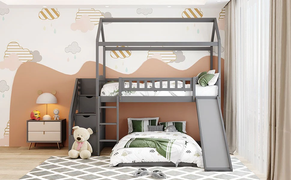 Gray Twin Over Twin Playhouse Perpendicular Bunk Bed With Slide By Homeroots - Image 5