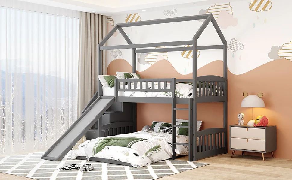 Gray Twin Over Twin Playhouse Perpendicular Bunk Bed With Slide By Homeroots - Image 6
