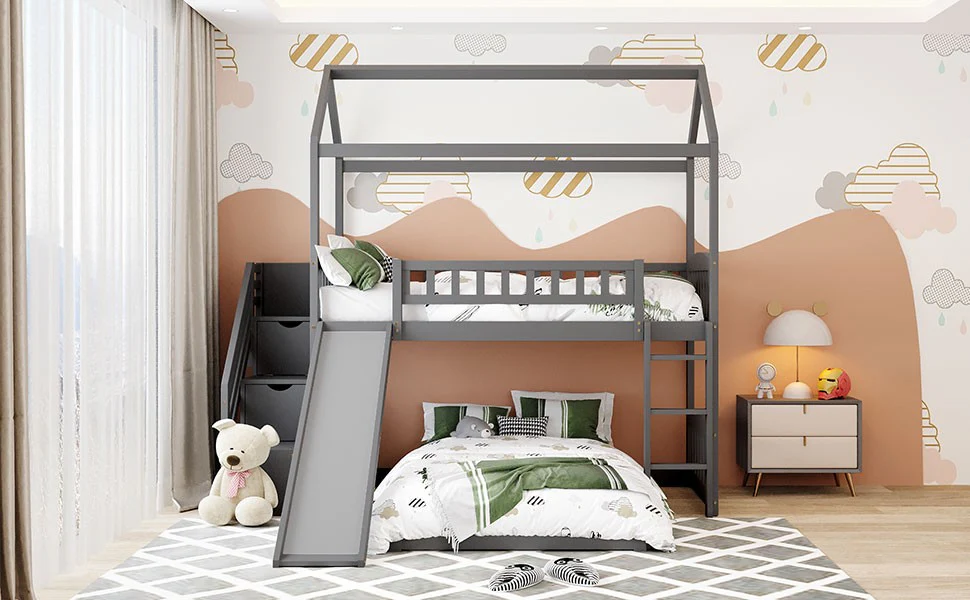 Gray Twin Over Twin Playhouse Perpendicular Bunk Bed With Slide By Homeroots - Image 7