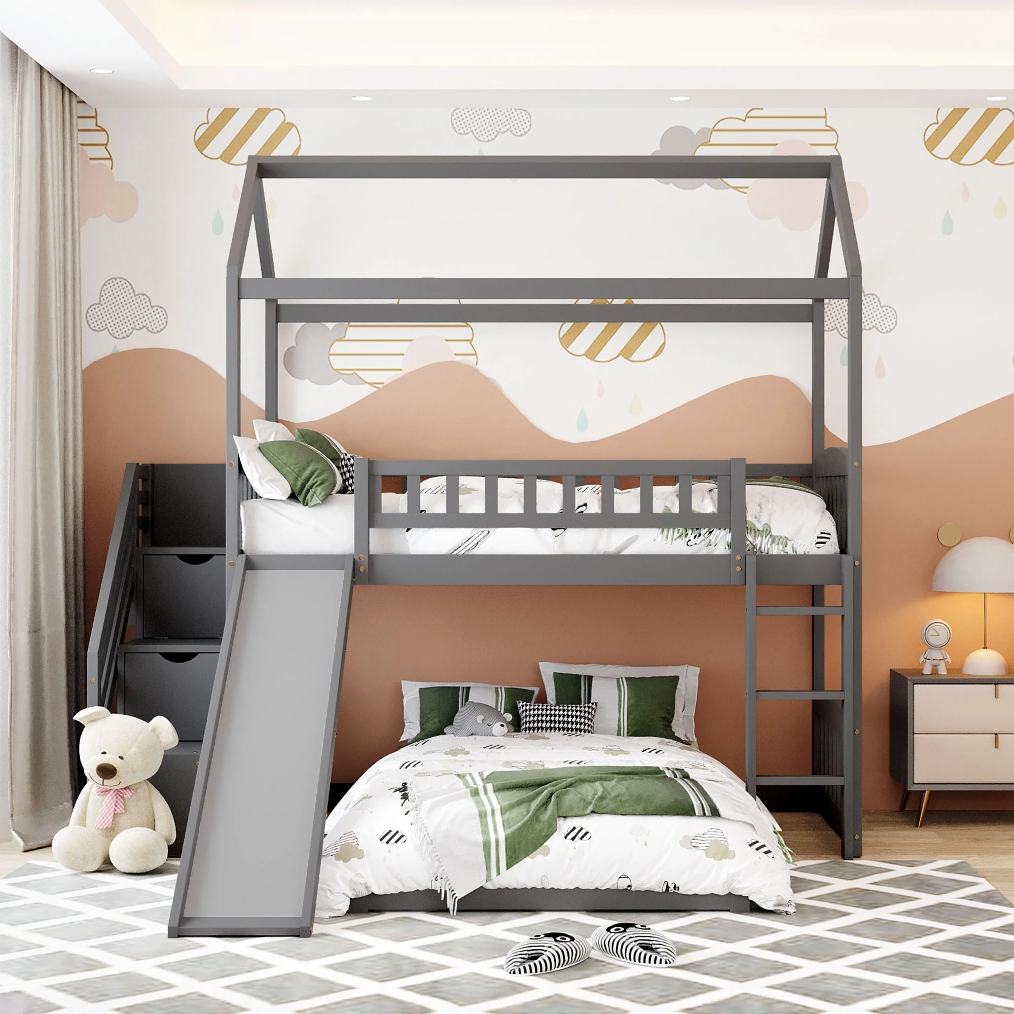 Gray Twin Over Twin Playhouse Perpendicular Bunk Bed With Slide By Homeroots - Image 8