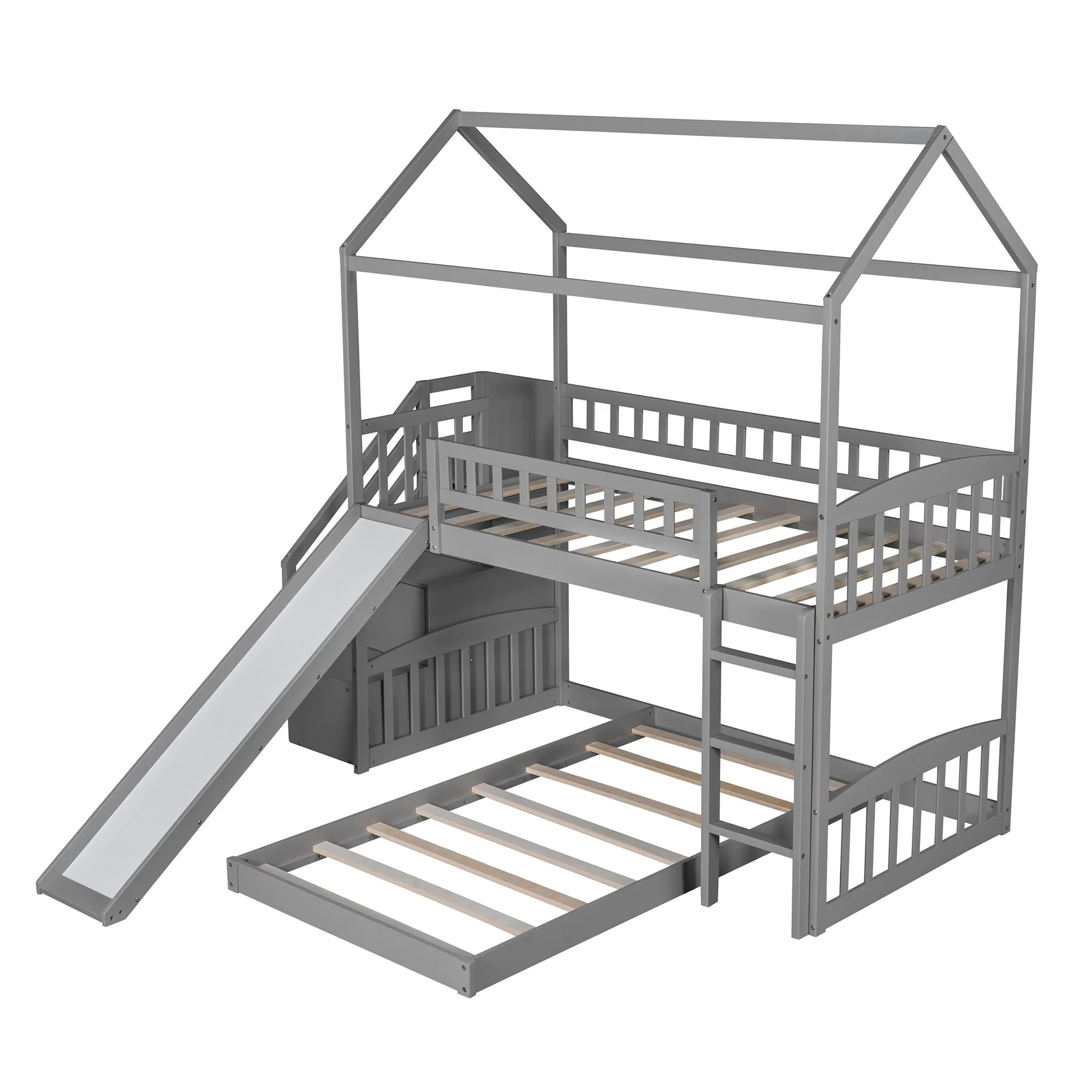 Gray Twin Over Twin Playhouse Perpendicular Bunk Bed With Slide By Homeroots - Image 9