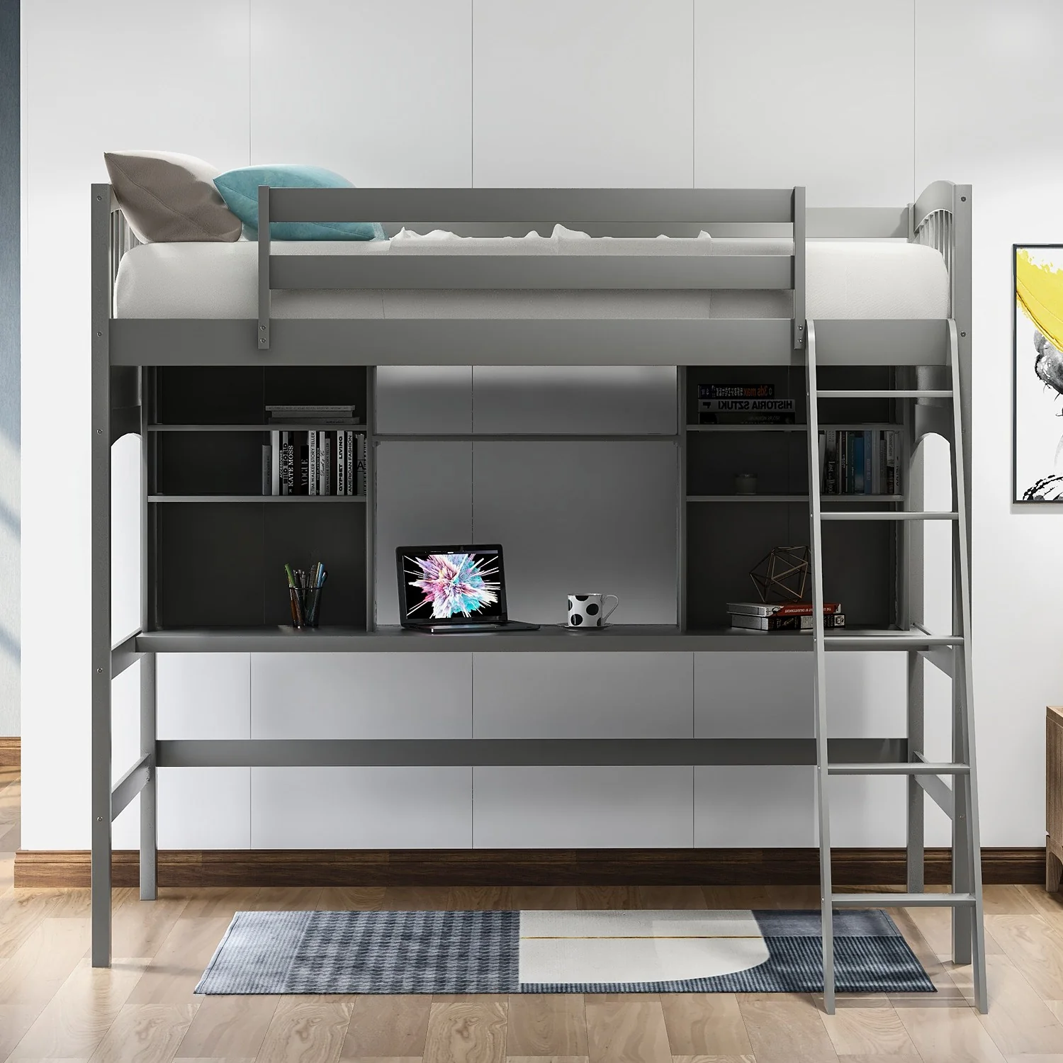 Gray Twin Size Loft Bed With Desk And Shelves By Homeroots - Image 2