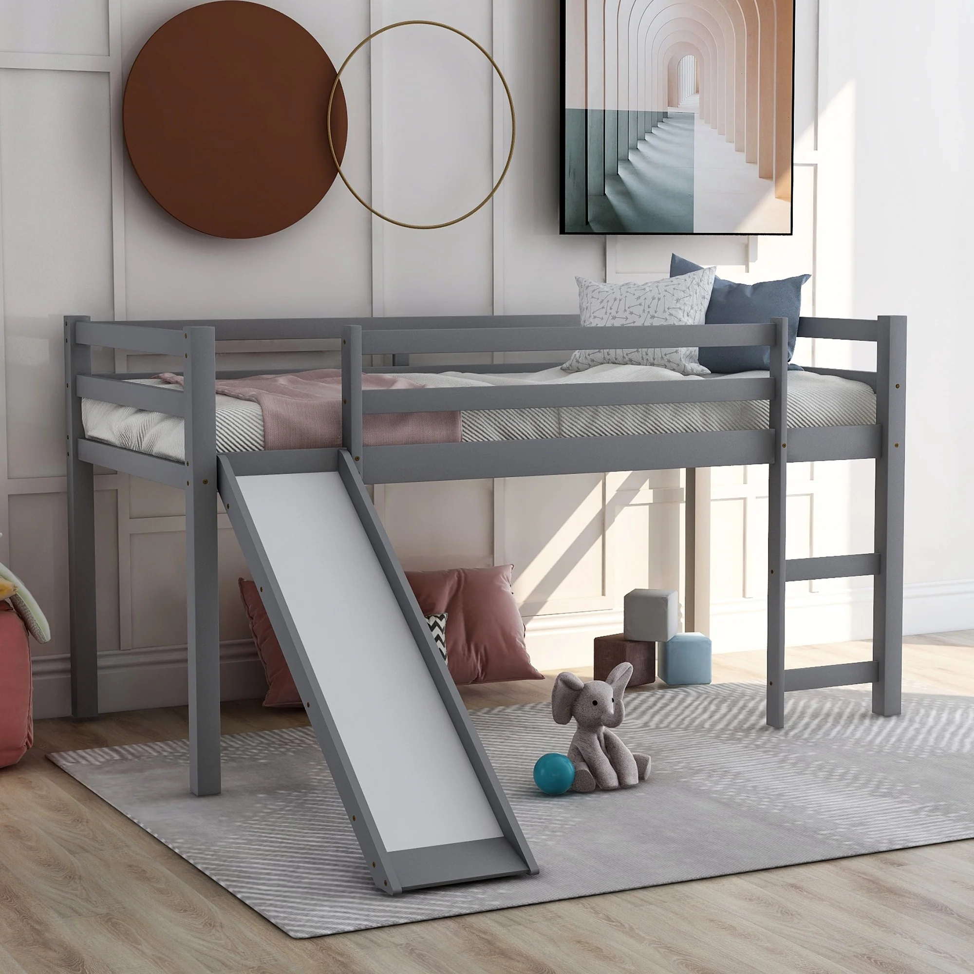Gray Twin Size Low Loft Bed With Slide By Homeroots - 404078 - Image 2